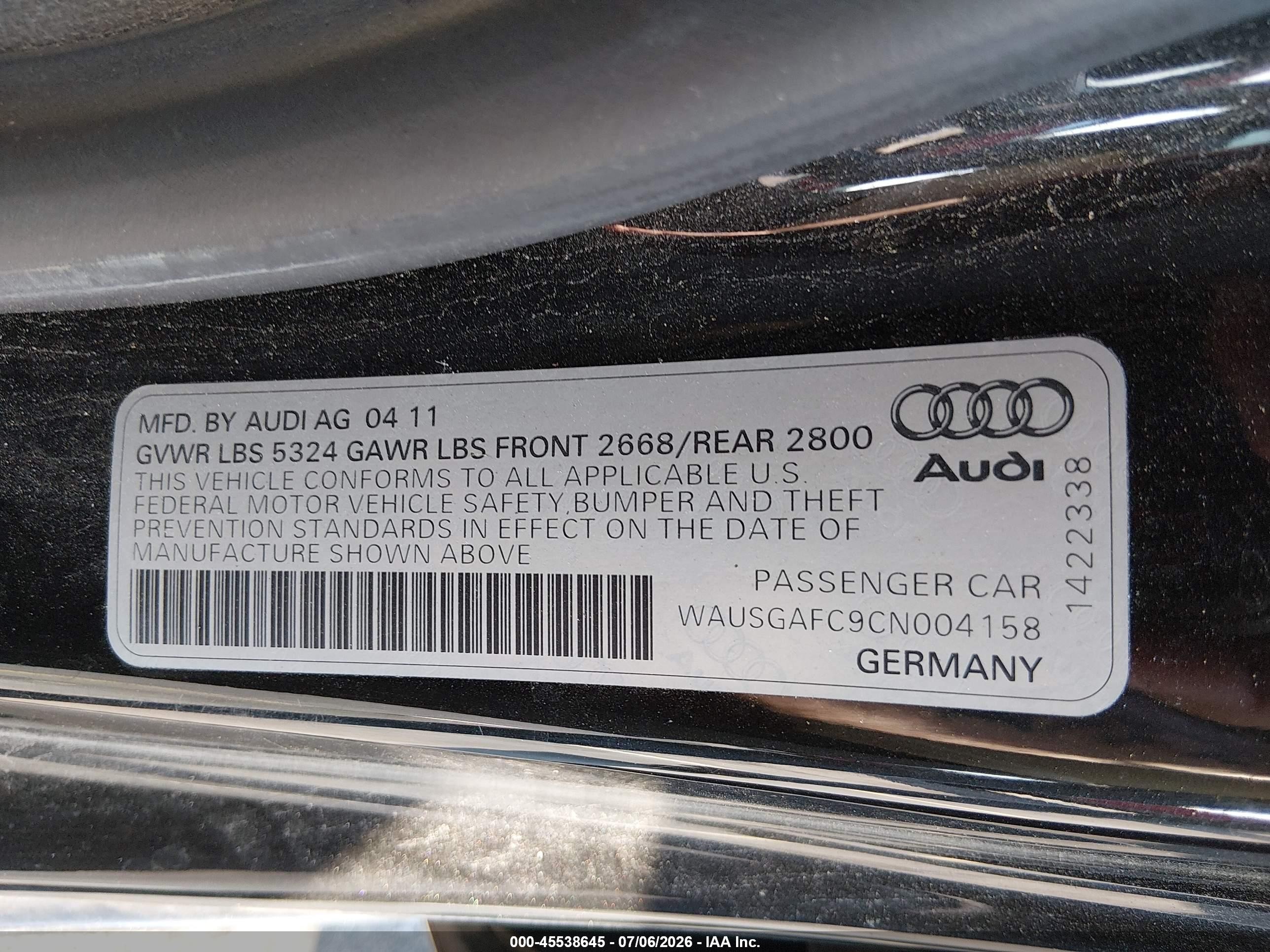 2012 Audi A7 3.0 Prestige Black vin: WAUSGAFC9CN004158