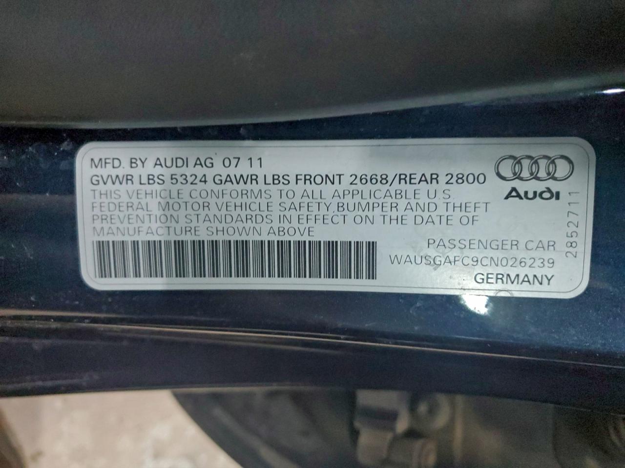 2012 Audi A7 Prestige Blue vin: WAUSGAFC9CN026239