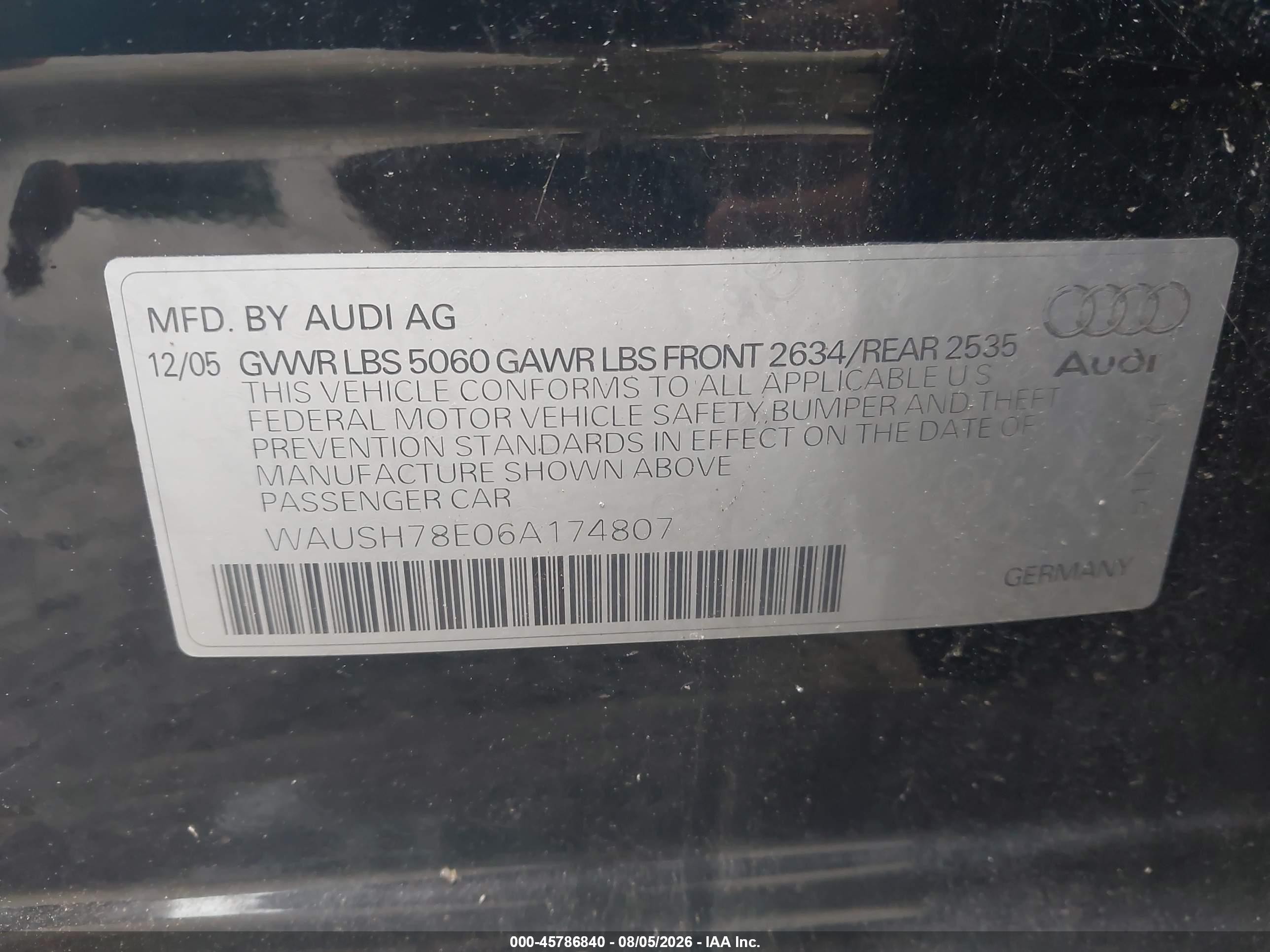 2006 Audi A4 3.2 Avant Black vin: WAUSH78E06A174807