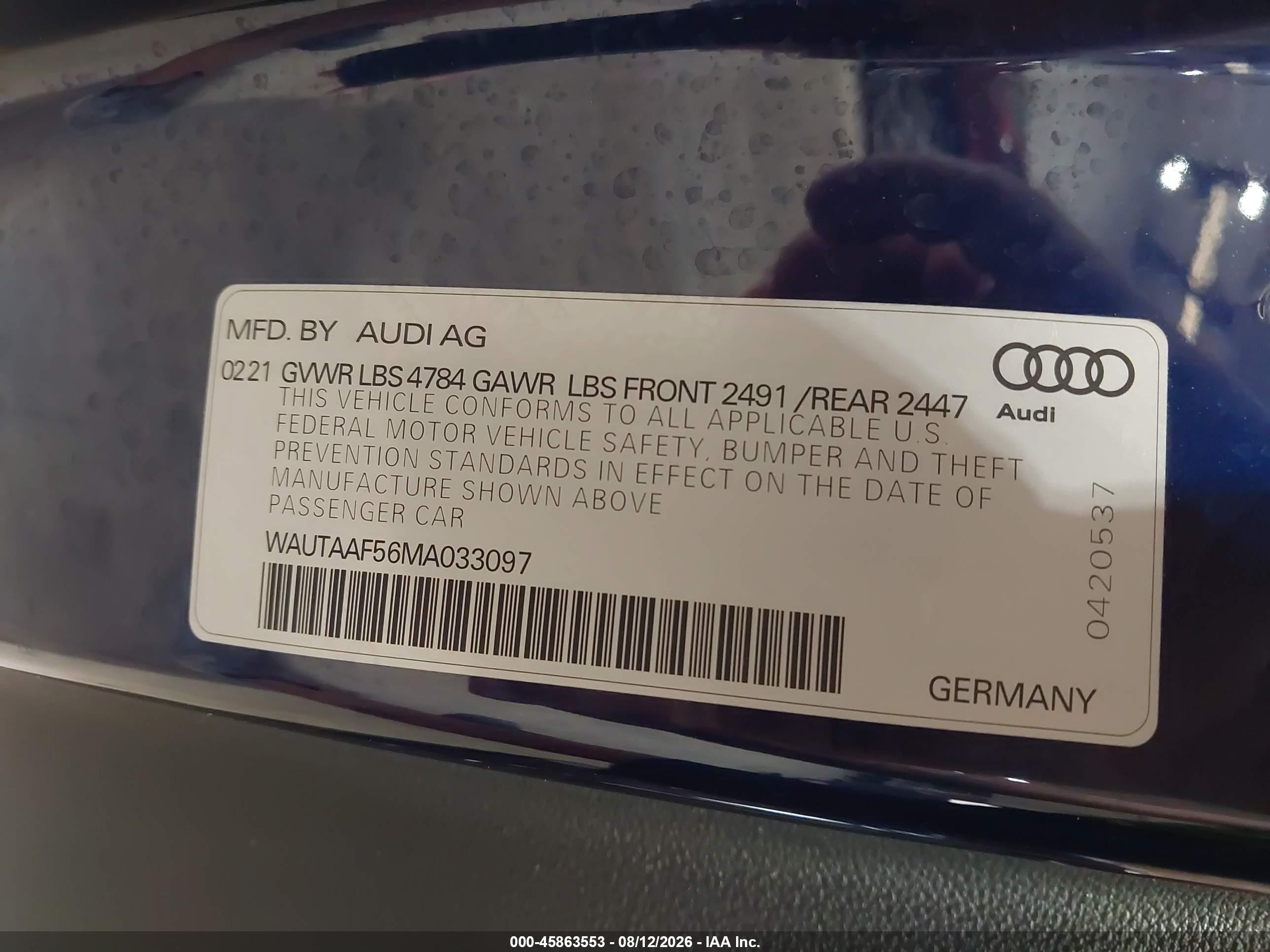 2021 Audi A5 Premium Plus 45 Tfsi Quattro S Tronic Blue vin: WAUTAAF56MA033097