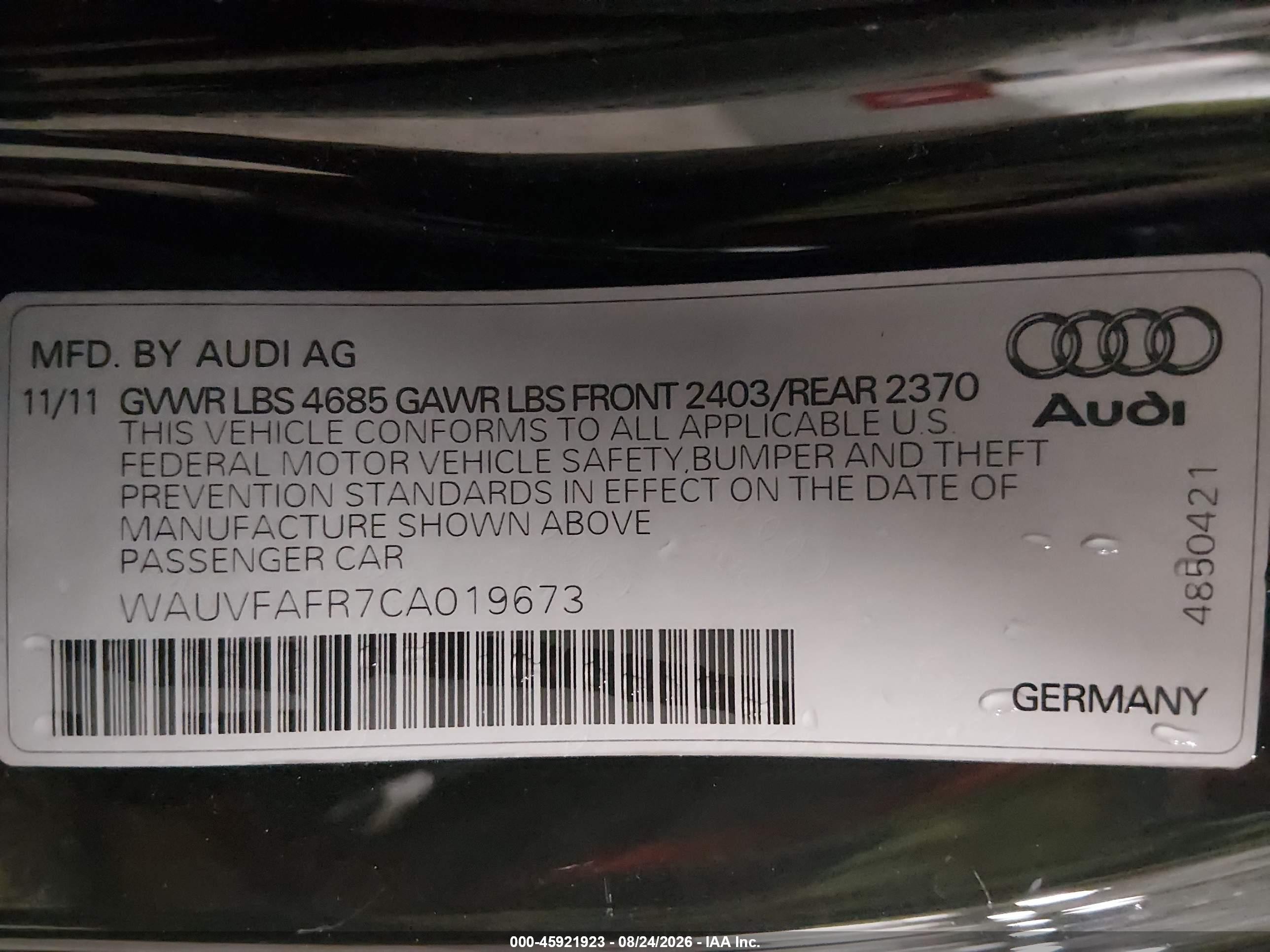 2012 Audi A5 2.0t Prestige Черный vin: WAUVFAFR7CA019673
