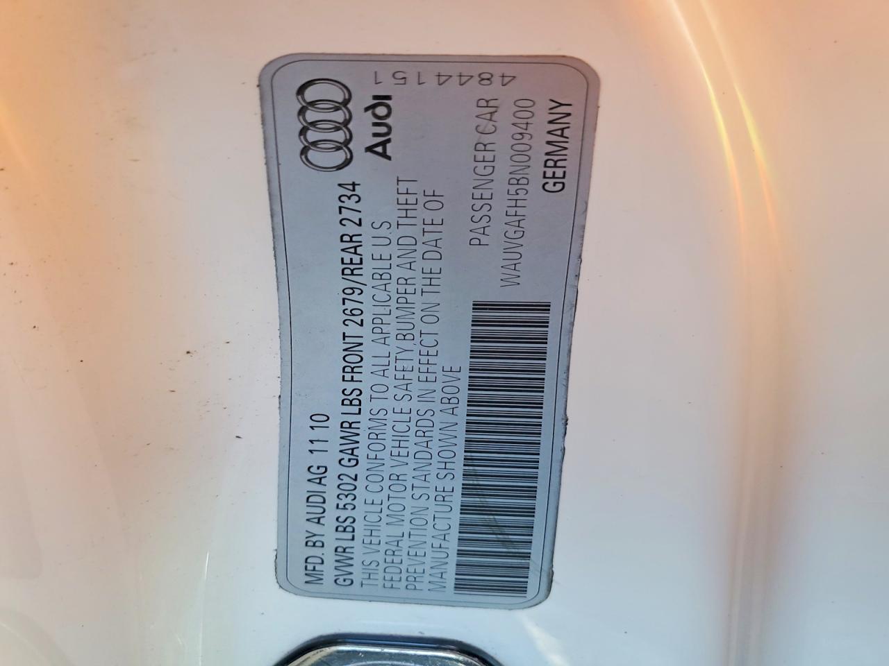 2011 Audi S5 Prestige White vin: WAUVGAFH5BN009400