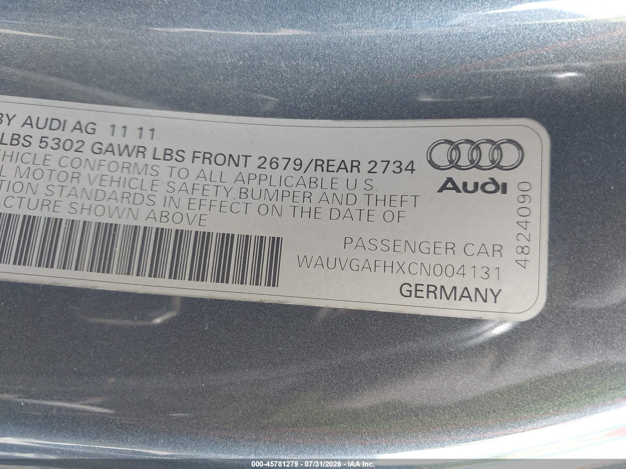 2012 Audi S5 Prestige Gray vin: WAUVGAFHXCN004131