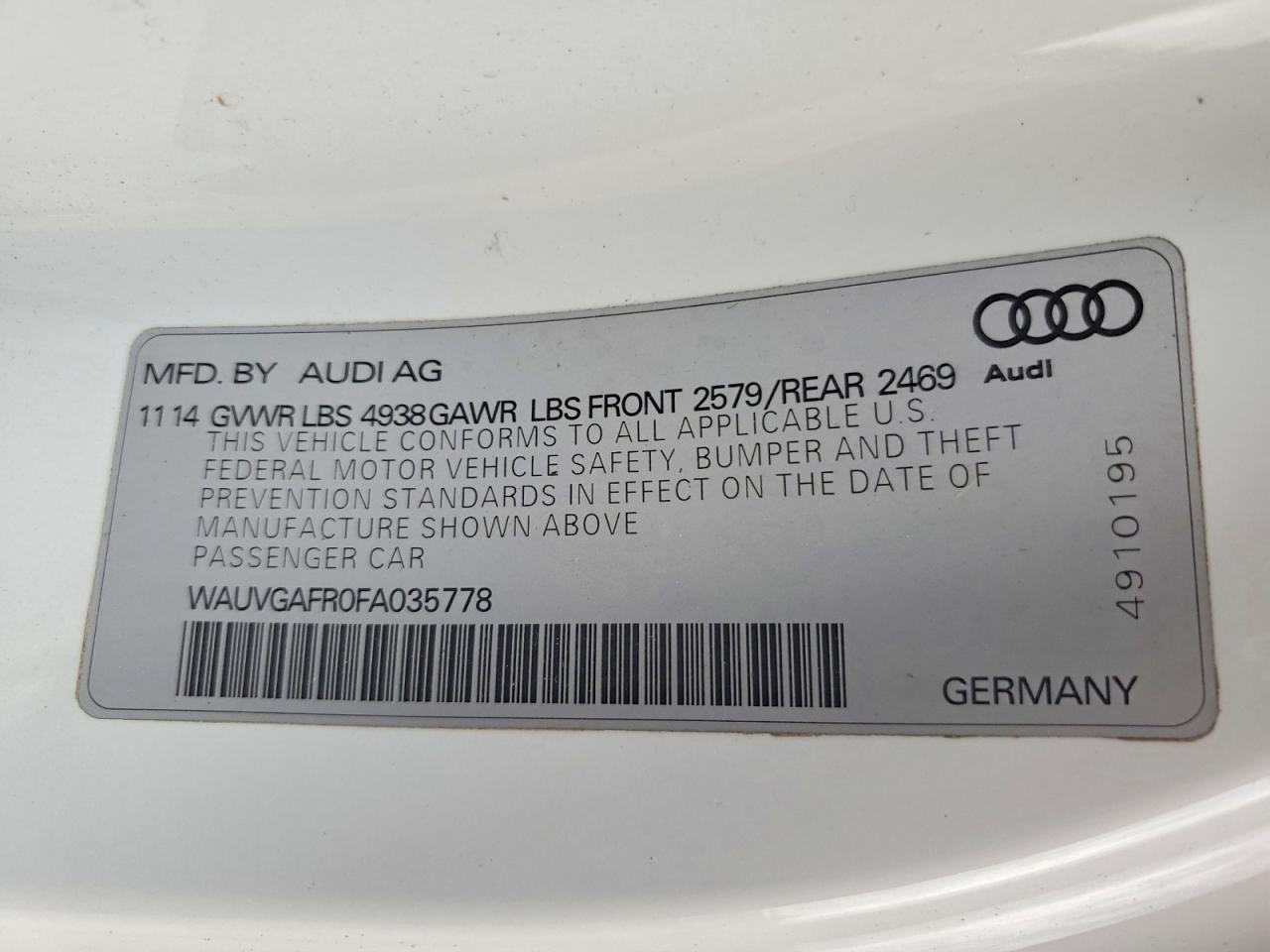 2015 Audi S5 Prestige White vin: WAUVGAFR0FA035778