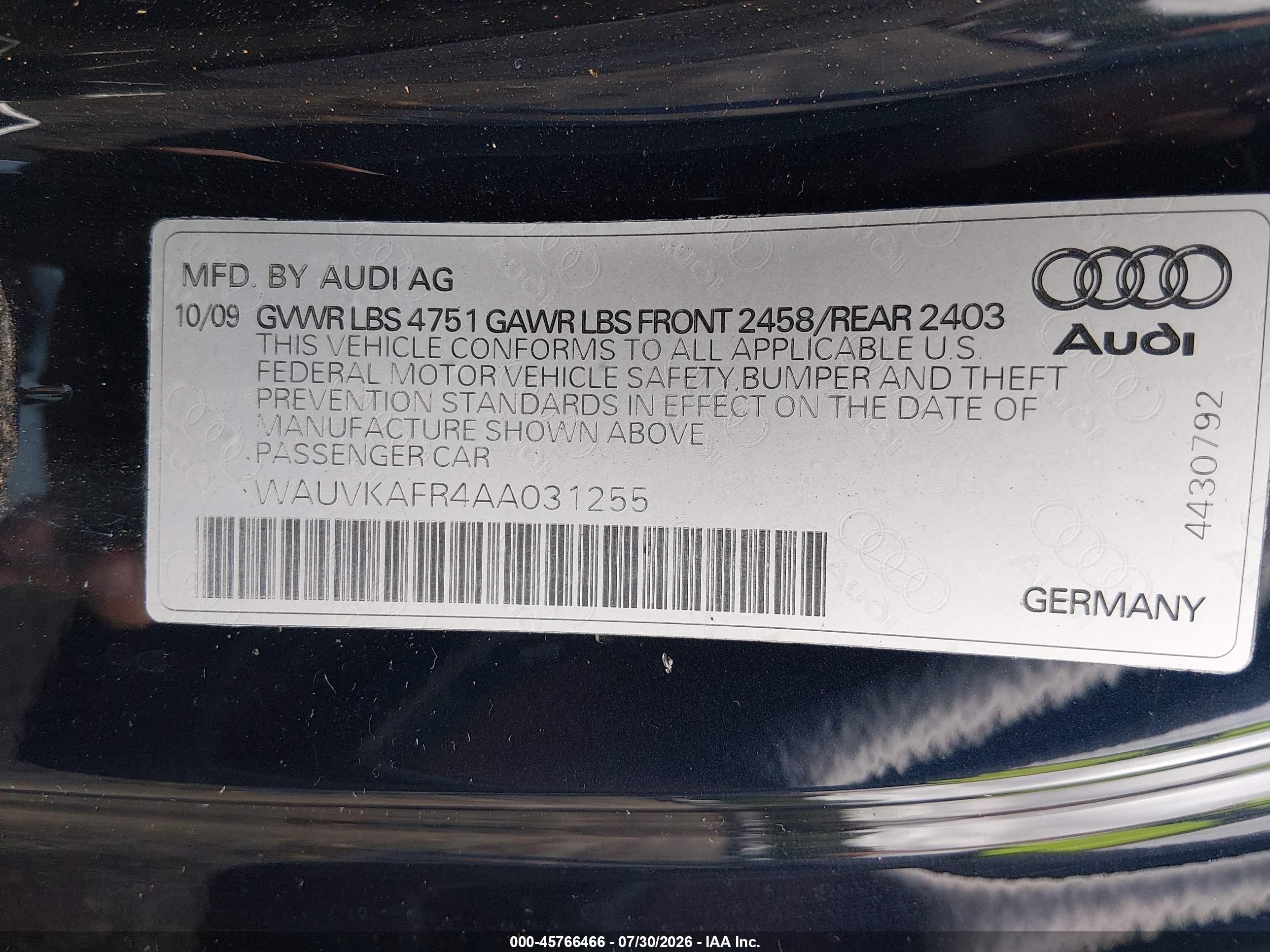 2010 Audi A5 3.2 Premium Plus Black vin: WAUVKAFR4AA031255