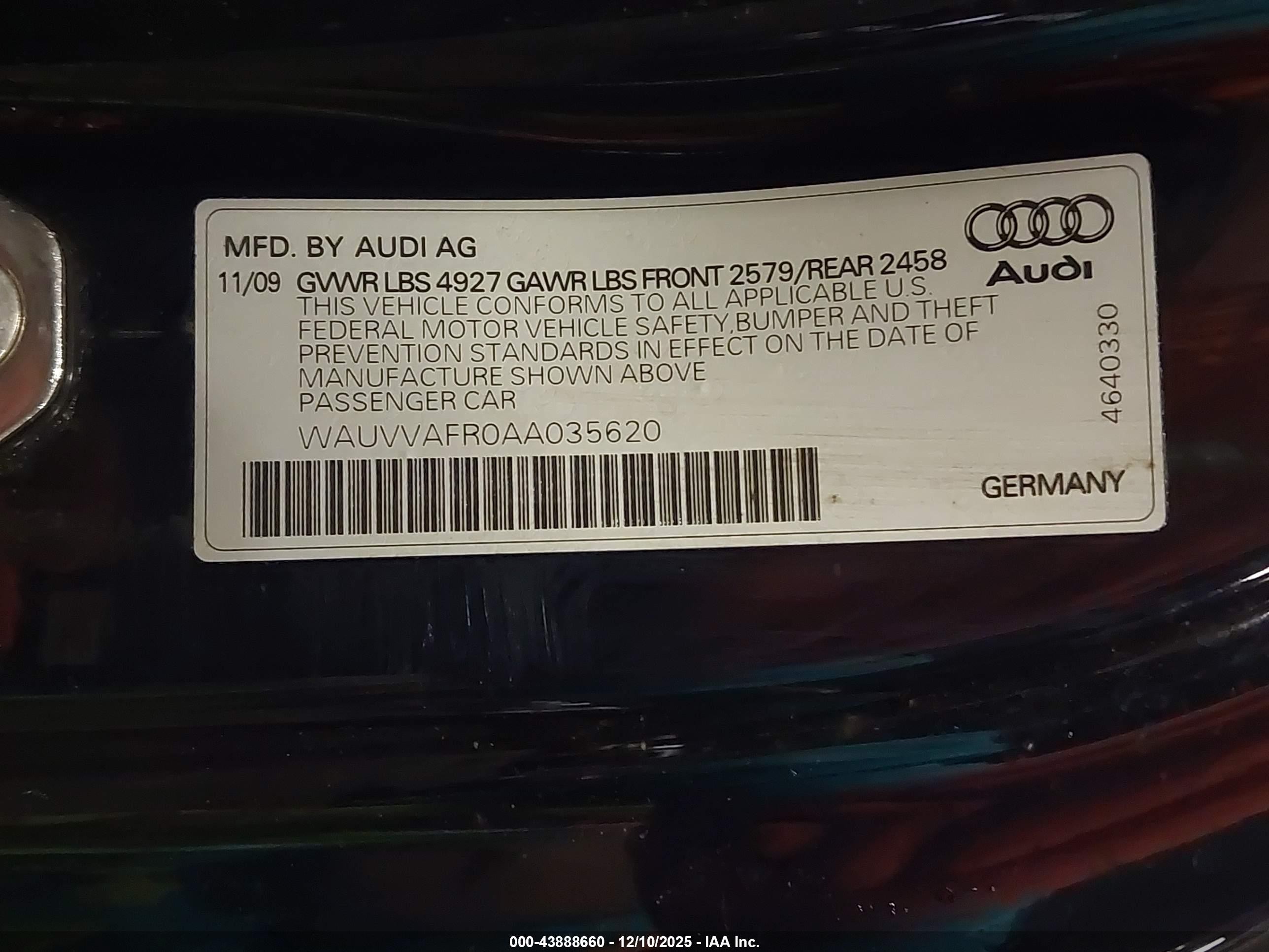 2010 Audi S5 4.2 Premium Plus Blue vin: WAUVVAFR0AA035620