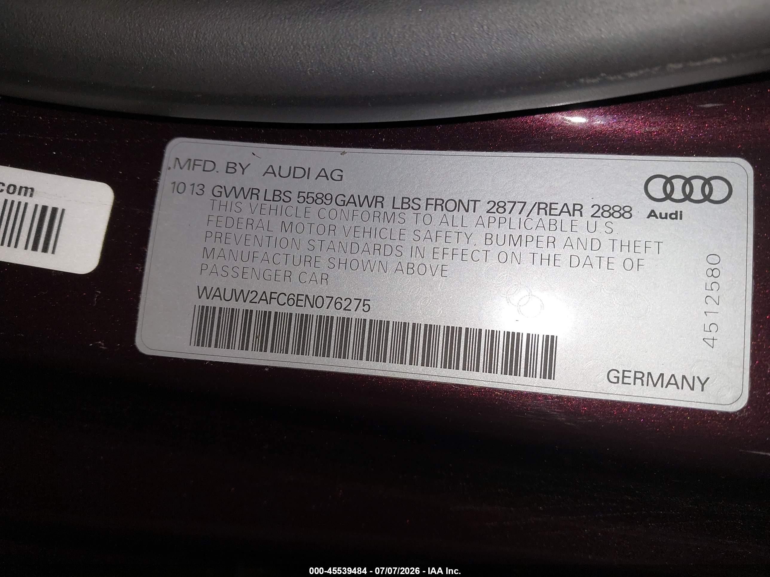 2014 Audi S7 4.0t Prestige Maroon vin: WAUW2AFC6EN076275