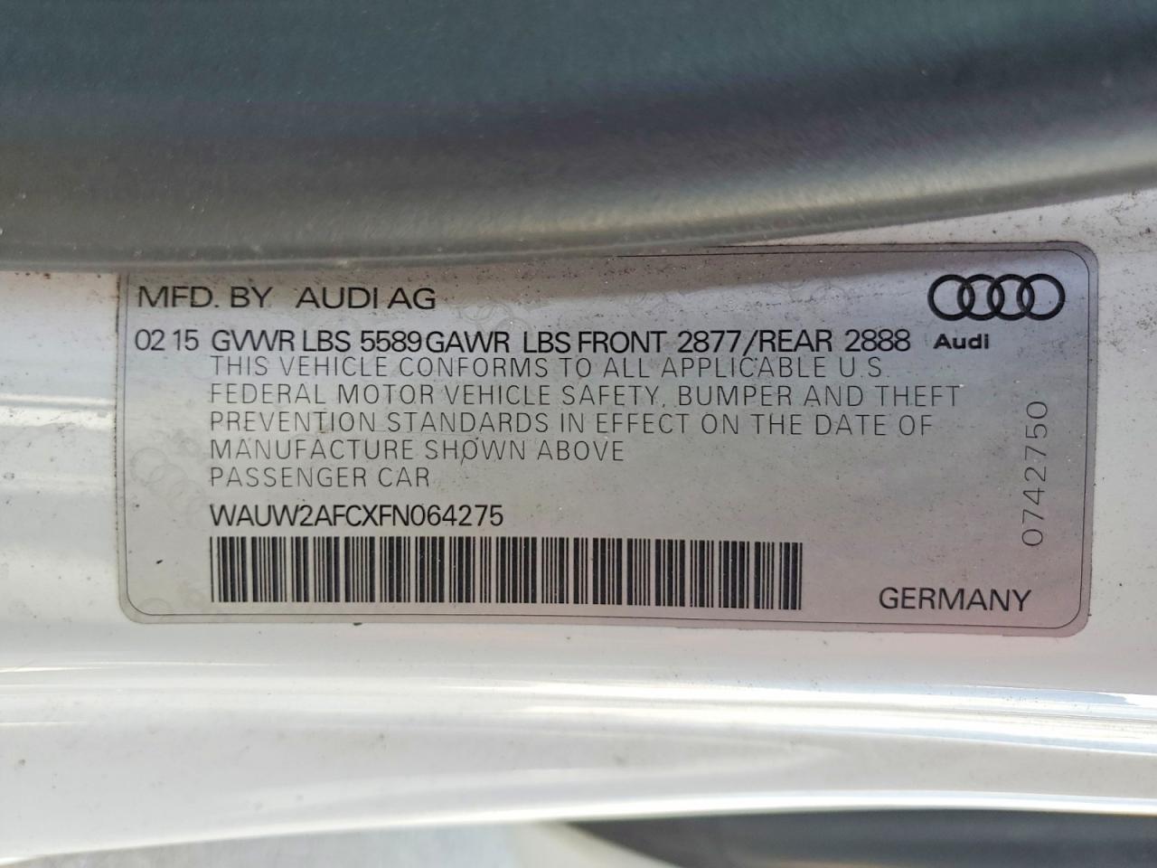 2015 Audi S7 Premium White vin: WAUW2AFCXFN064275