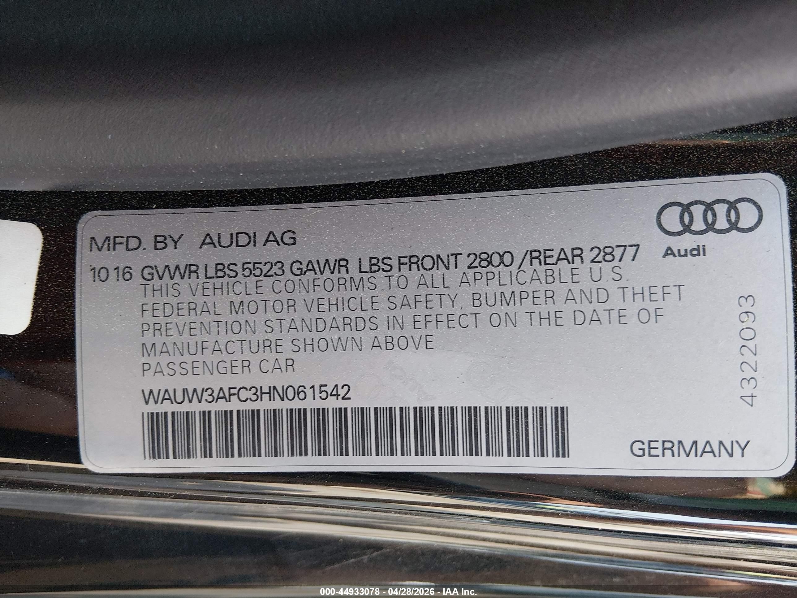 2017 Audi A7 3.0t Competition Prestige Черный vin: WAUW3AFC3HN061542