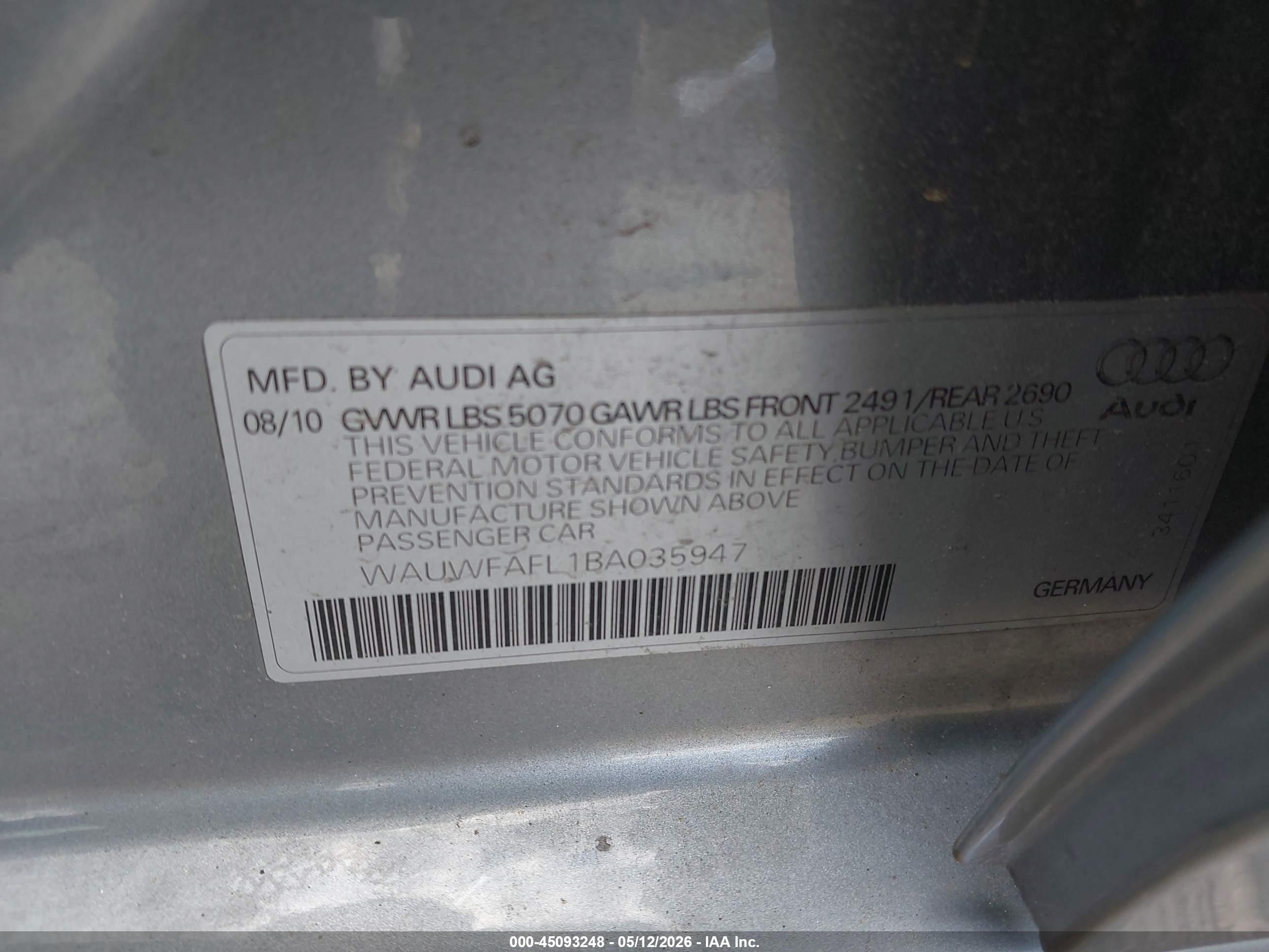 2011 Audi A4 2.0t Premium Серый vin: WAUWFAFL1BA035947
