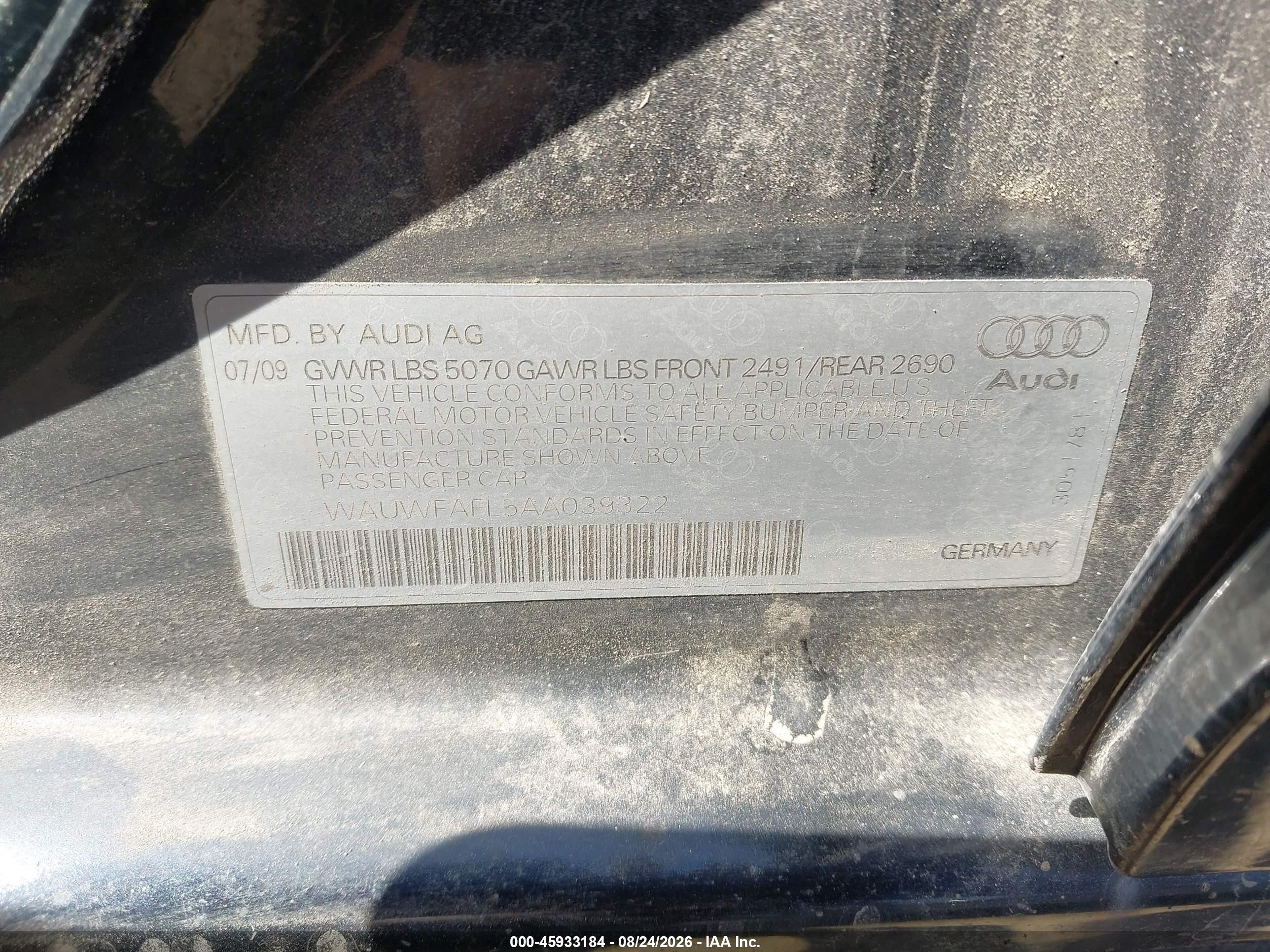 2010 Audi A4 2.0t Premium Black vin: WAUWFAFL5AA039322