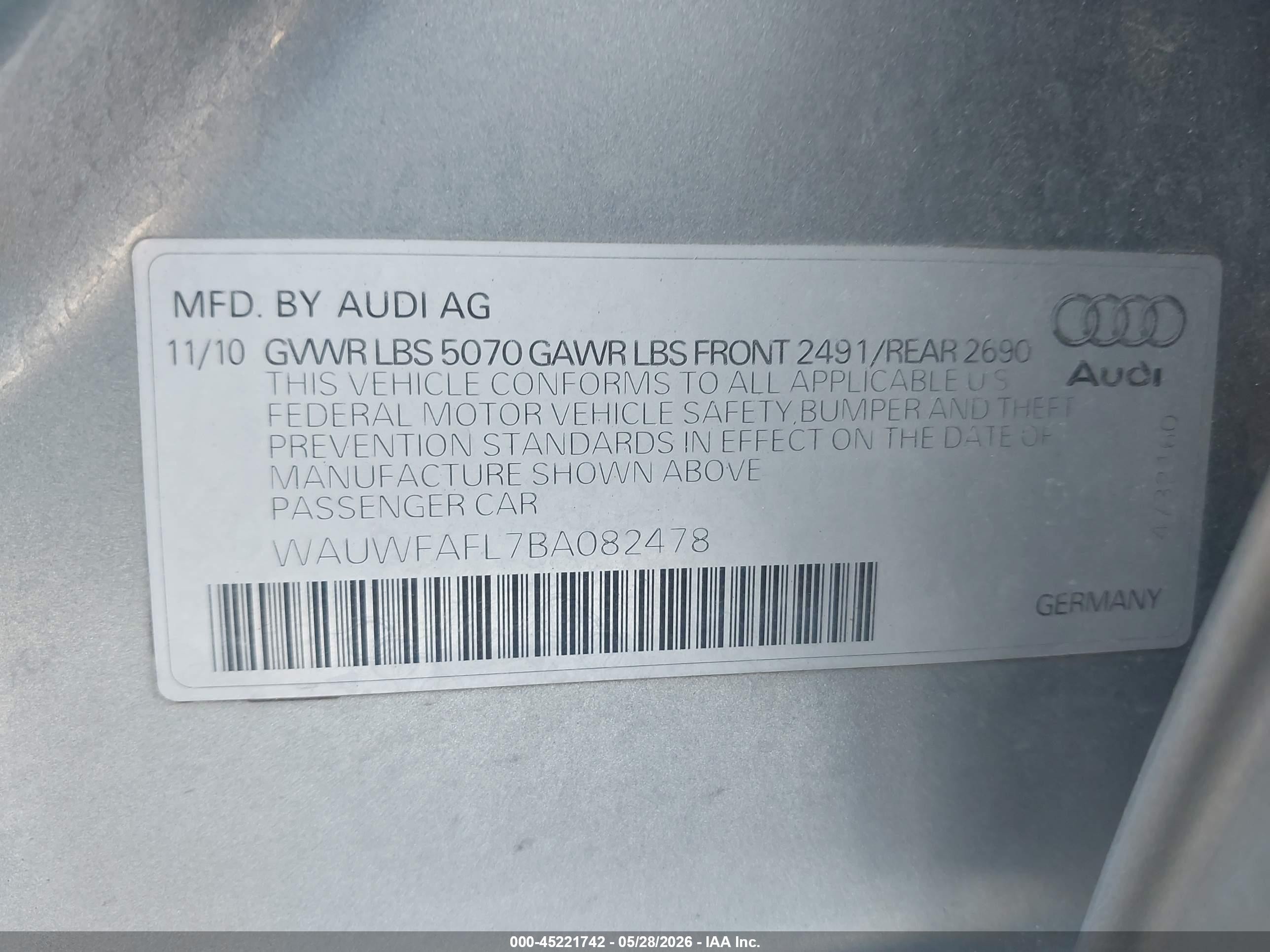 2011 Audi A4 2.0t Premium Silver vin: WAUWFAFL7BA082478