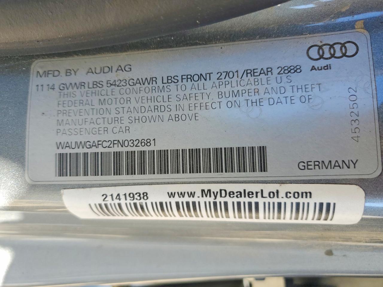 2015 Audi A7 Premium Plus Silver vin: WAUWGAFC2FN032681