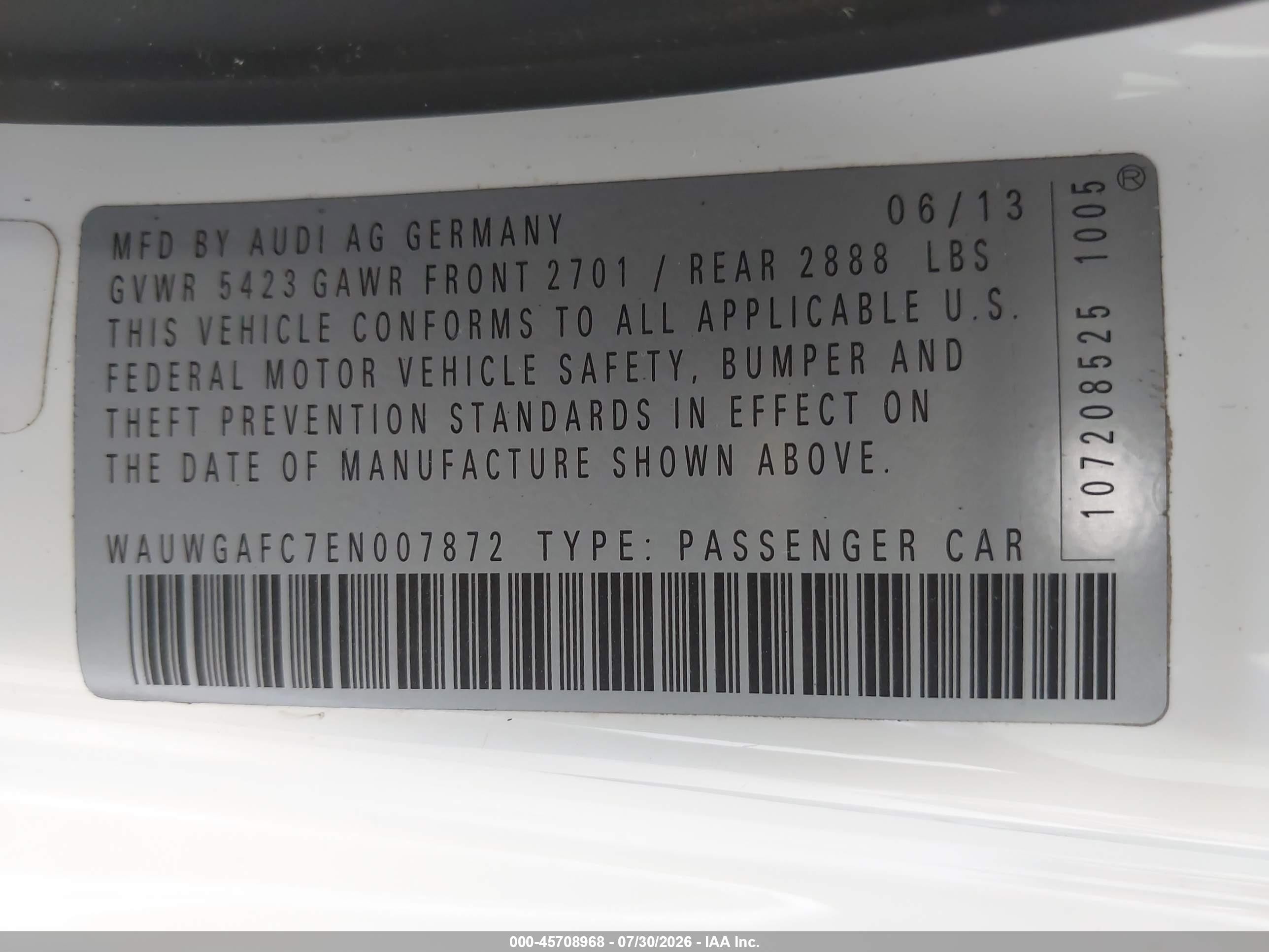2014 Audi A7 3.0t Premium Plus White vin: WAUWGAFC7EN007872