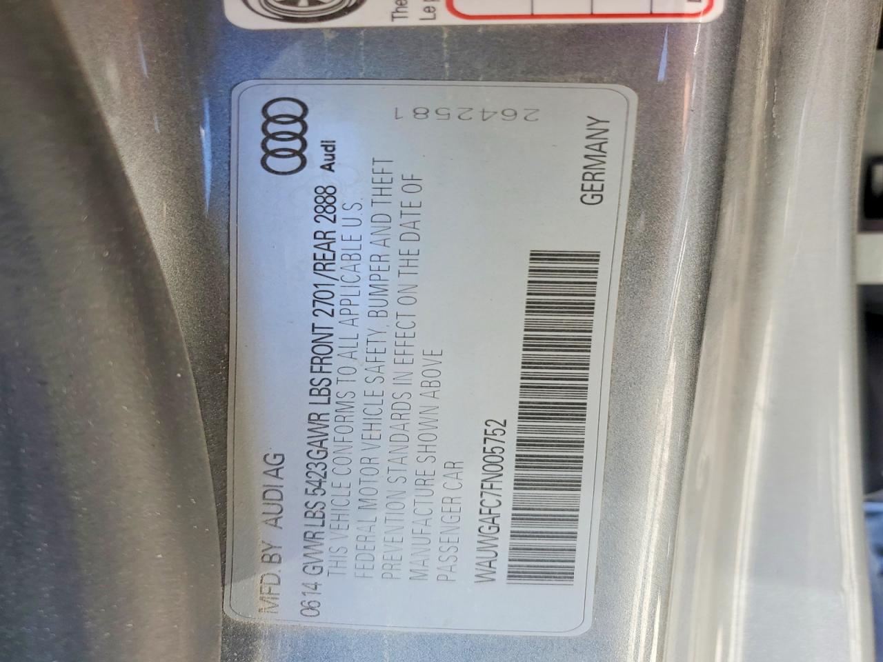 2015 Audi A7 Premium Plus Silver vin: WAUWGAFC7FN005752