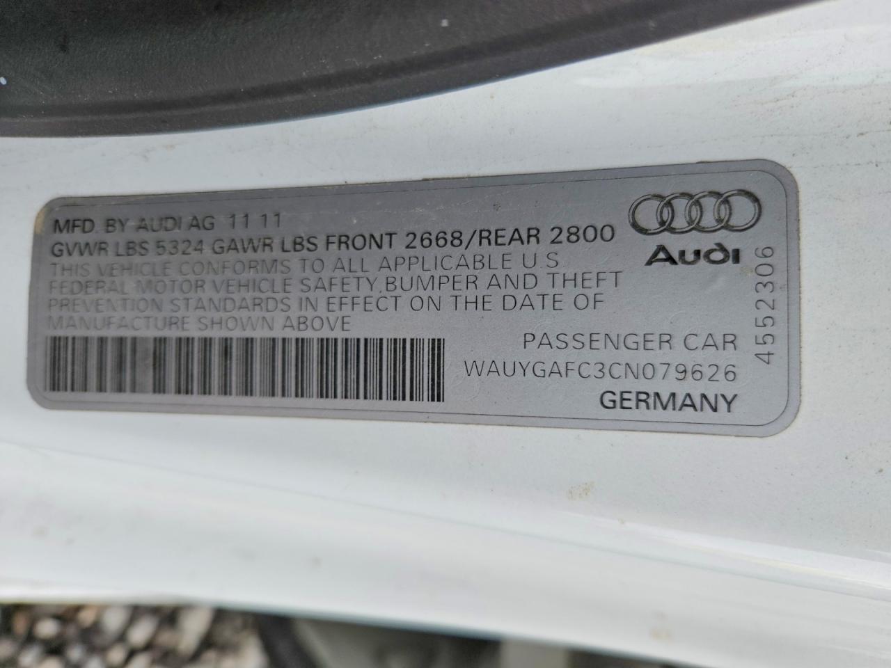 2012 Audi A7 Premium Plus White vin: WAUYGAFC3CN079626