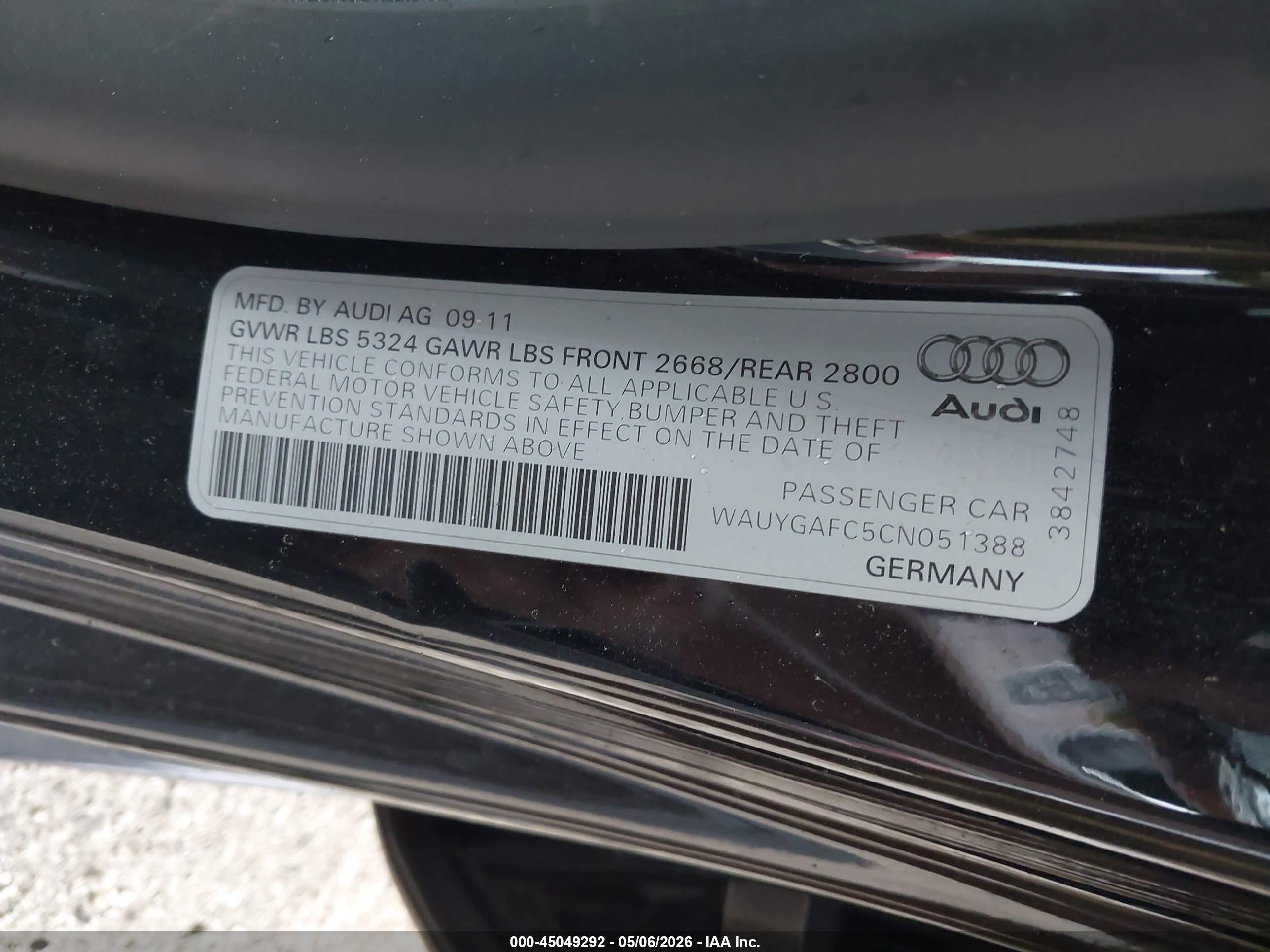 2012 Audi A7 Premium Black vin: WAUYGAFC5CN051388