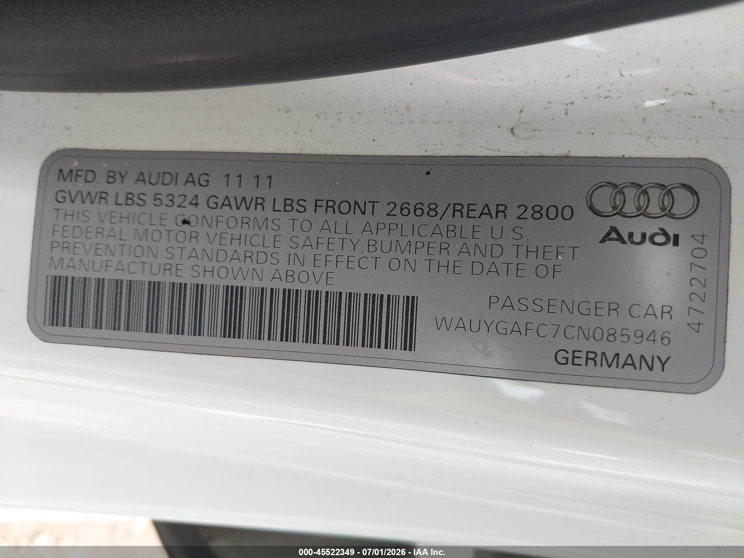 2012 Audi A7 3.0 Premium Plus White vin: WAUYGAFC7CN085946