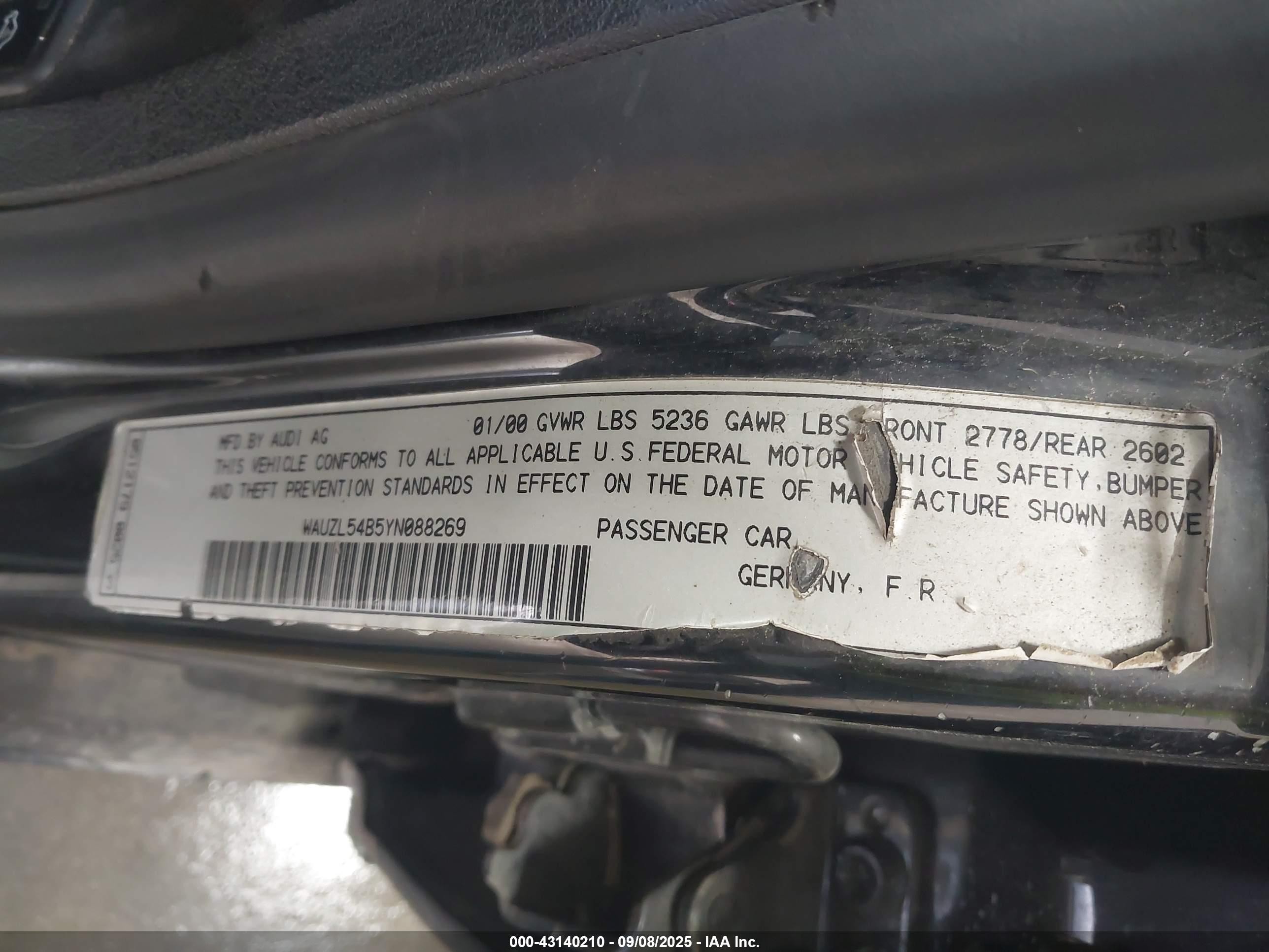 2000 Audi A6 4.2 Синий vin: WAUZL54B5YN088269