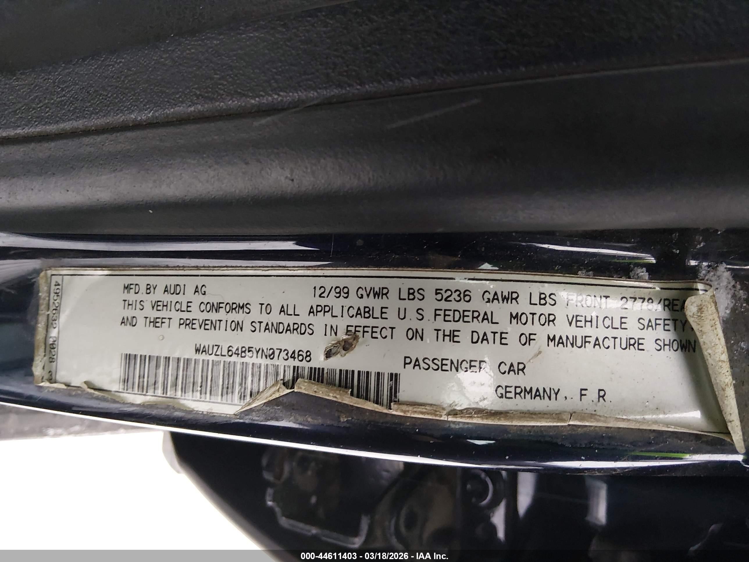 2000 Audi A6 4.2 Black vin: WAUZL64B5YN073468