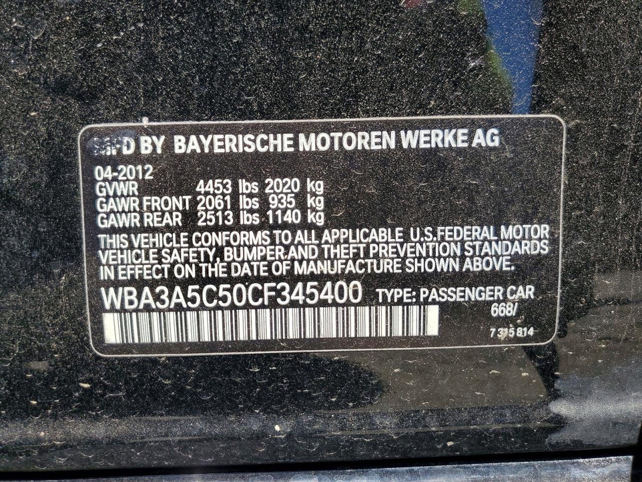 2012 Bmw 328 I Black vin: WBA3A5C50CF345400