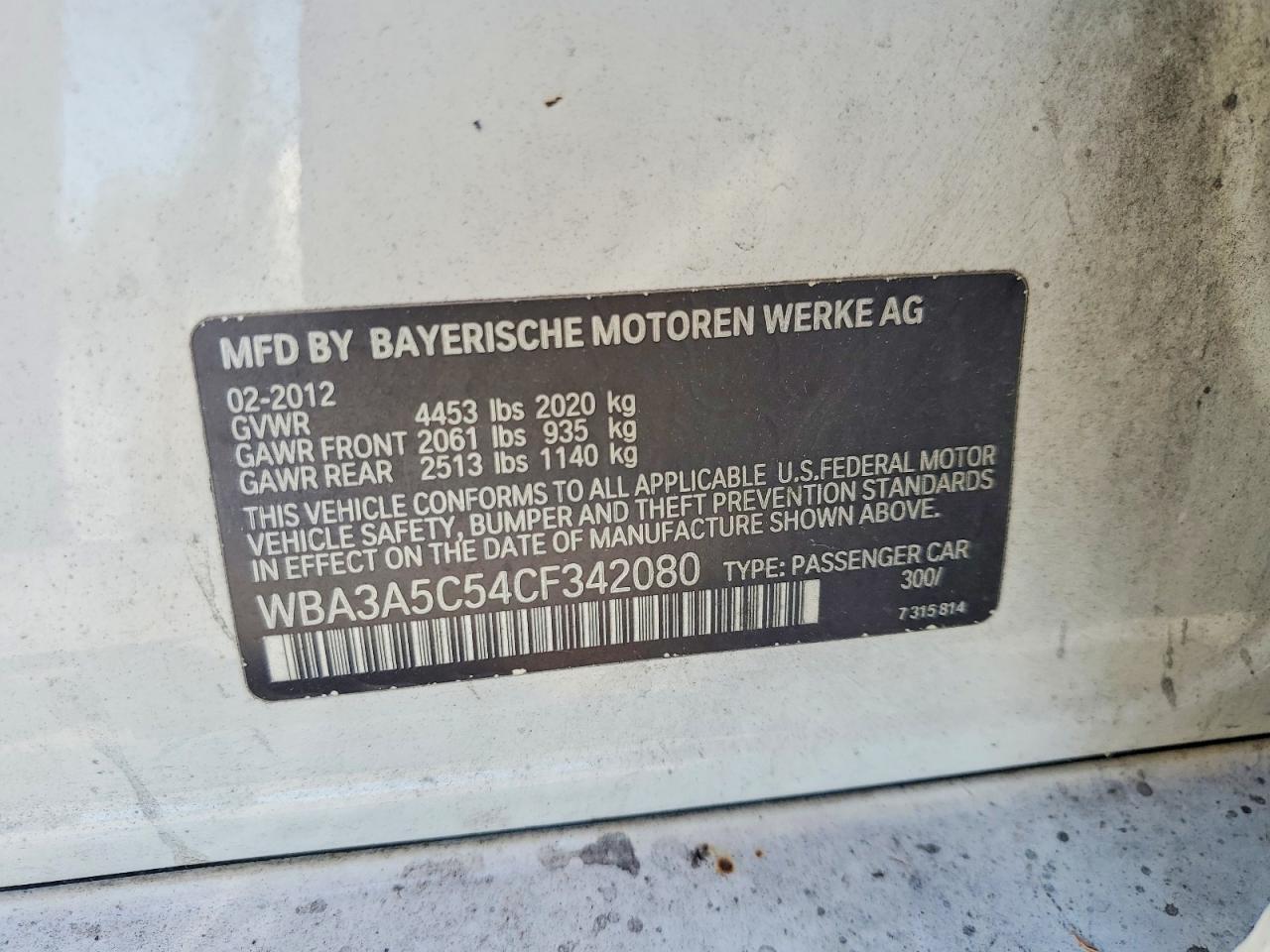 2012 Bmw 328 I White vin: WBA3A5C54CF342080