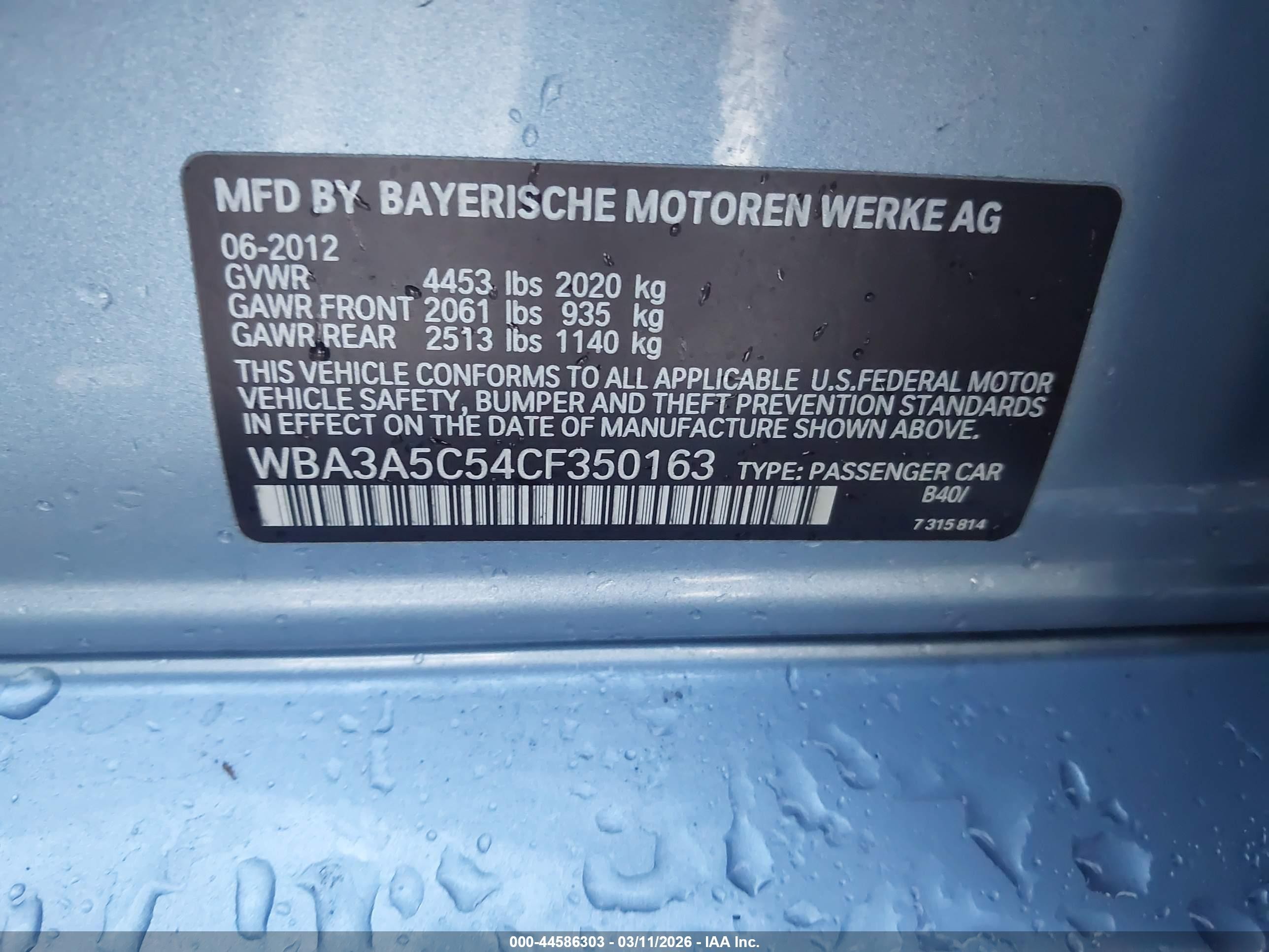 2012 Bmw 328i   Light Blue vin: WBA3A5C54CF350163