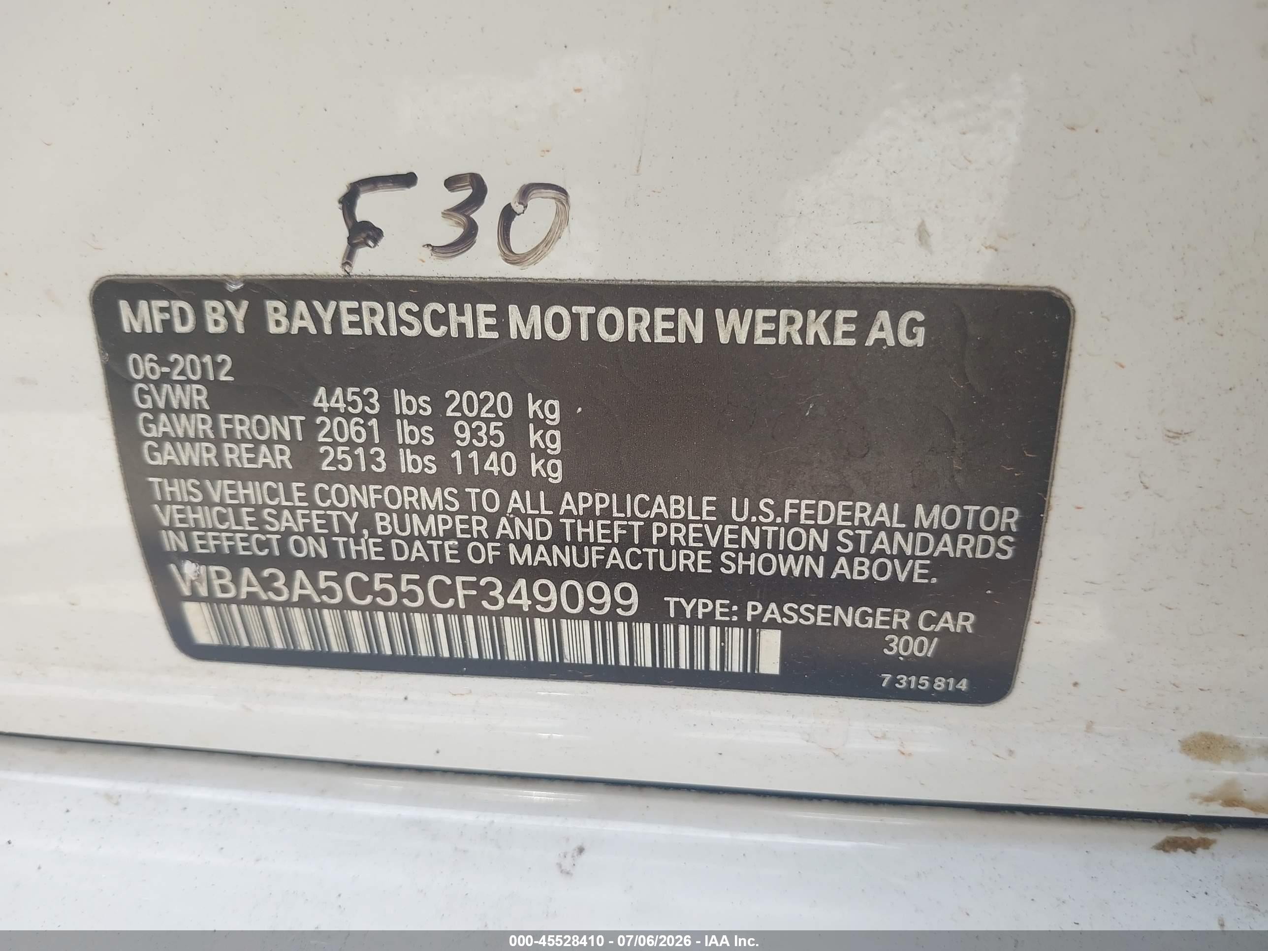 2012 Bmw 328i   White vin: WBA3A5C55CF349099