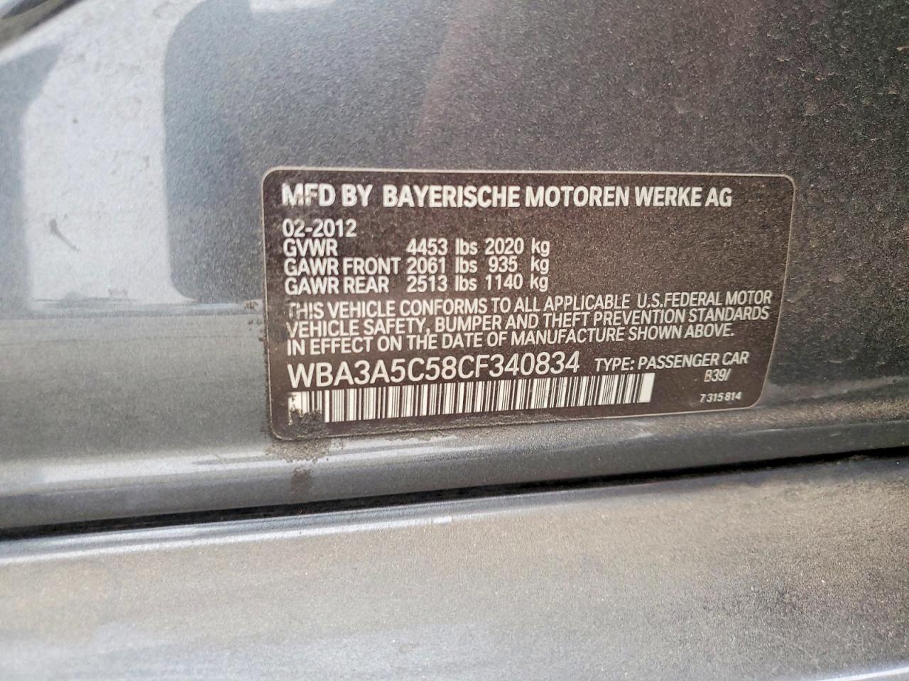 2012 Bmw 3 Series 320i Xdrive Gray vin: WBA3A5C58CF340834