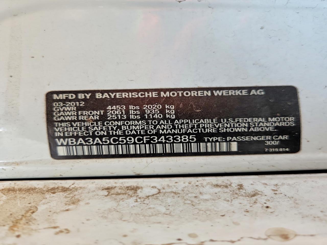 2012 Bmw 328 I White vin: WBA3A5C59CF343385