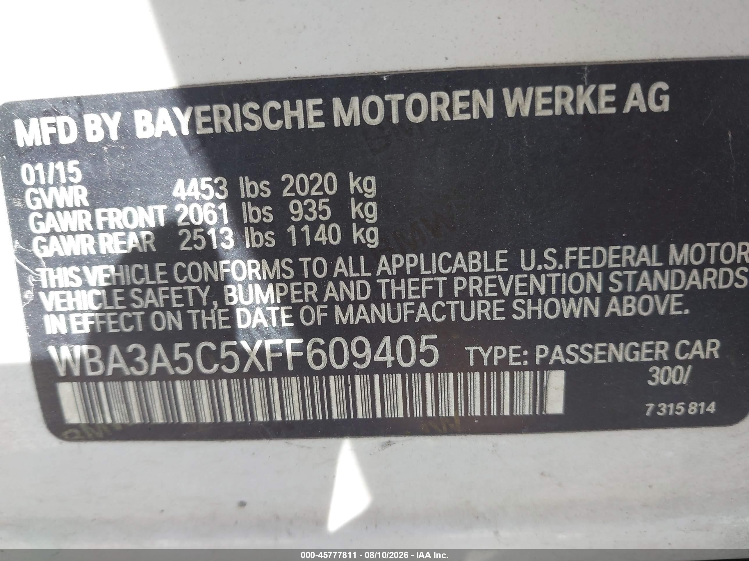 2015 Bmw 328i   Белый vin: WBA3A5C5XFF609405