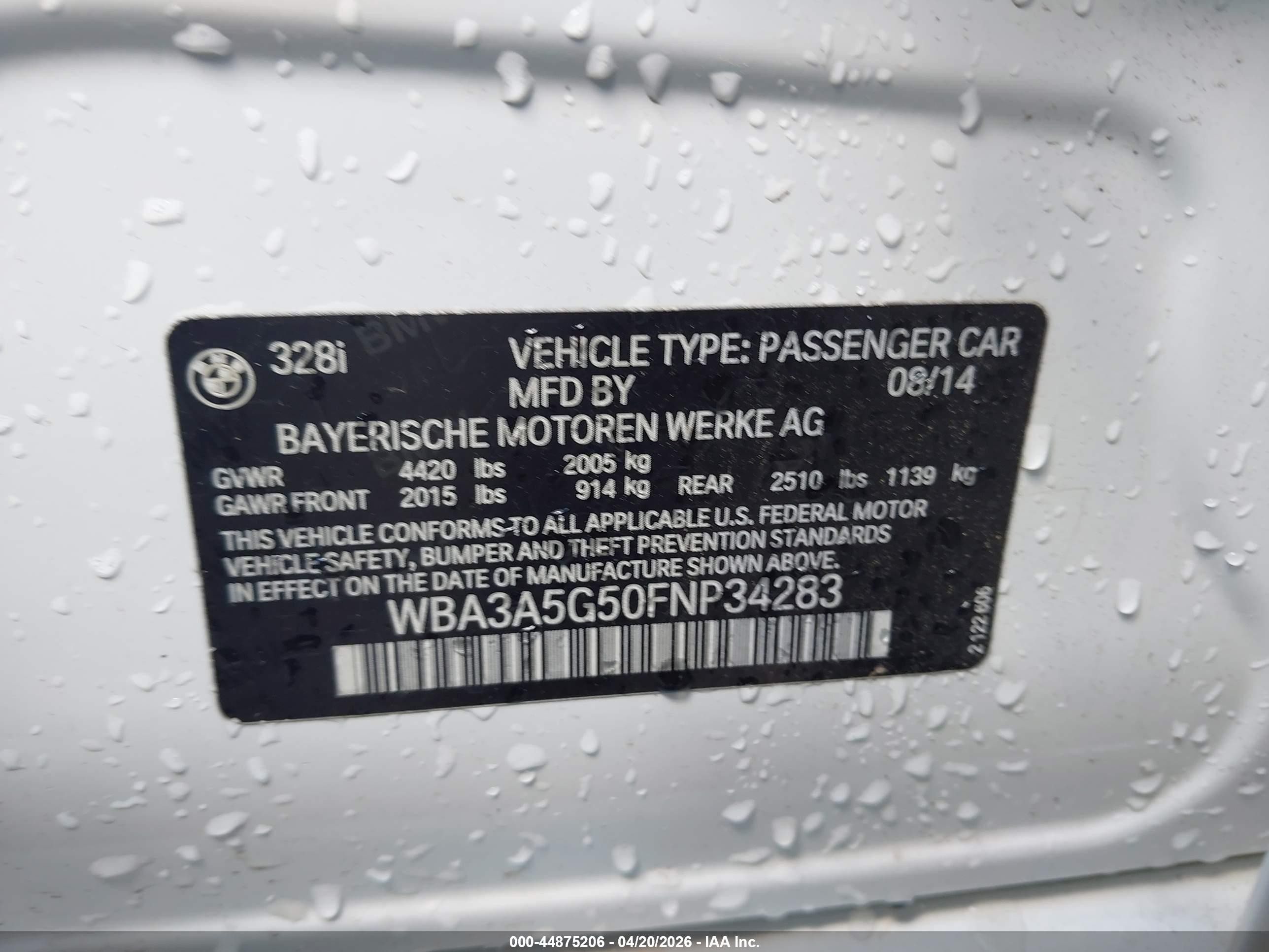 2015 Bmw 328i   White vin: WBA3A5G50FNP34283