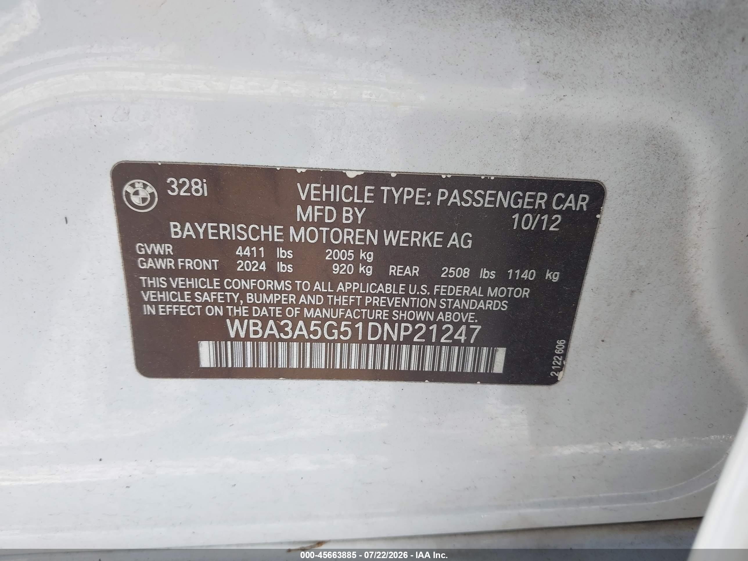 2013 Bmw 328i   White vin: WBA3A5G51DNP21247