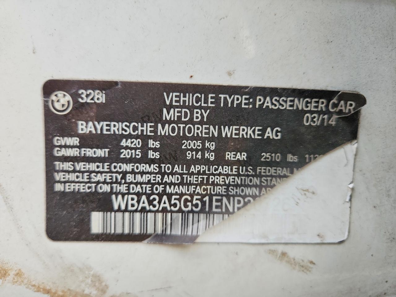 2014 Bmw 328 I White vin: WBA3A5G51ENP30726