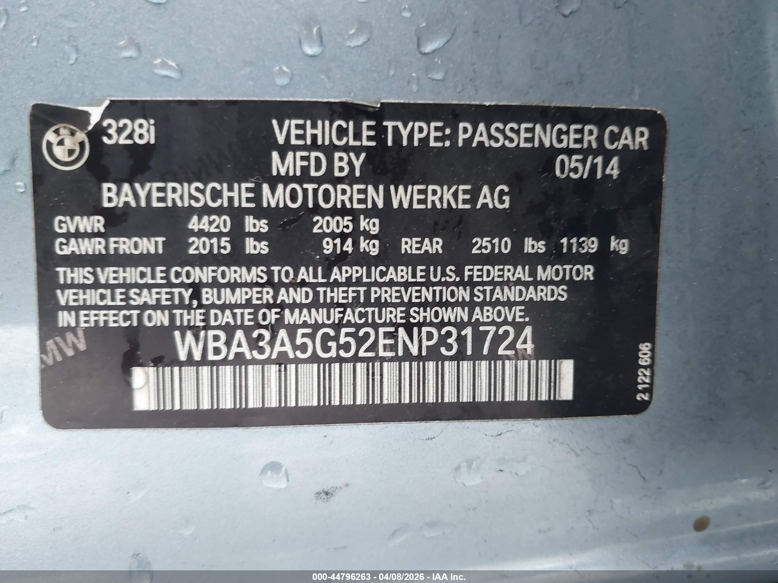 2014 Bmw 328i   Light Blue vin: WBA3A5G52ENP31724