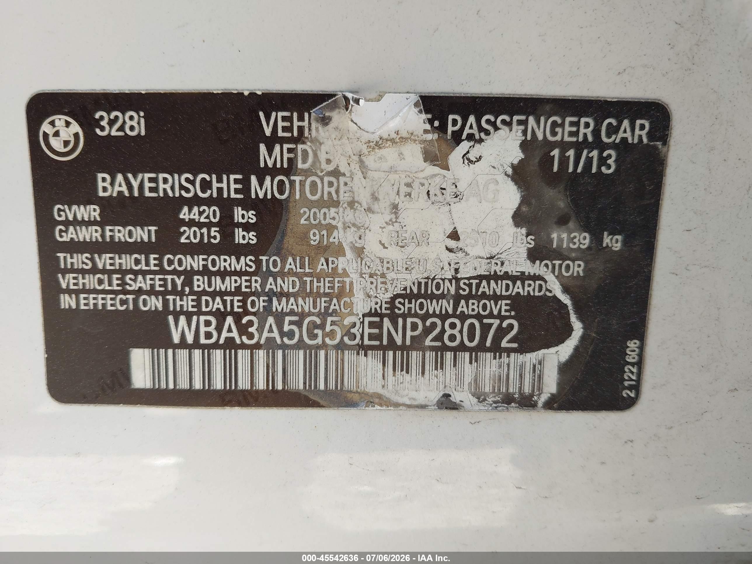 2014 Bmw 328i   White vin: WBA3A5G53ENP28072