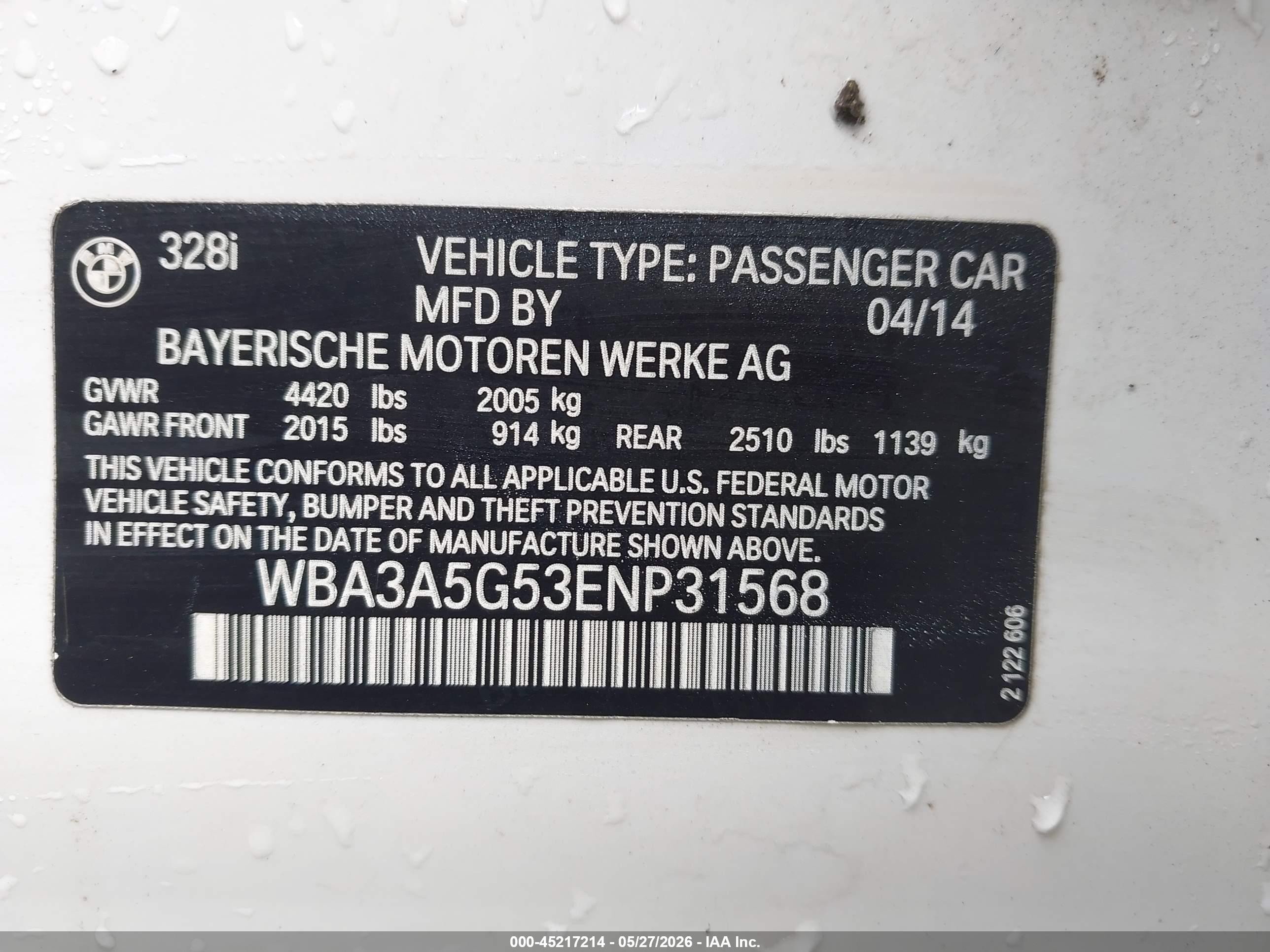2014 Bmw 328i   White vin: WBA3A5G53ENP31568