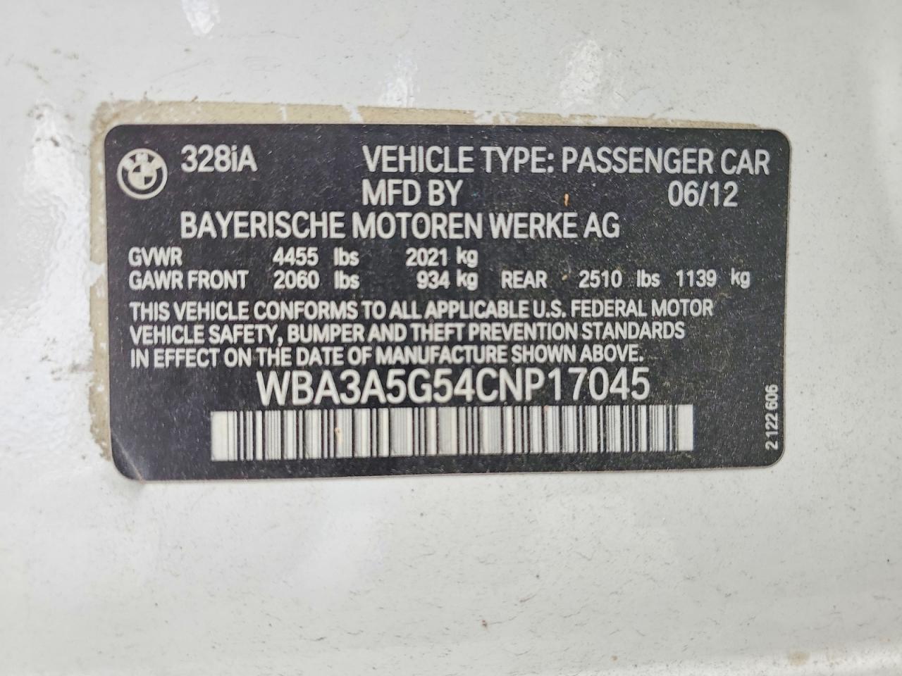 2012 Bmw 328 I White vin: WBA3A5G54CNP17045