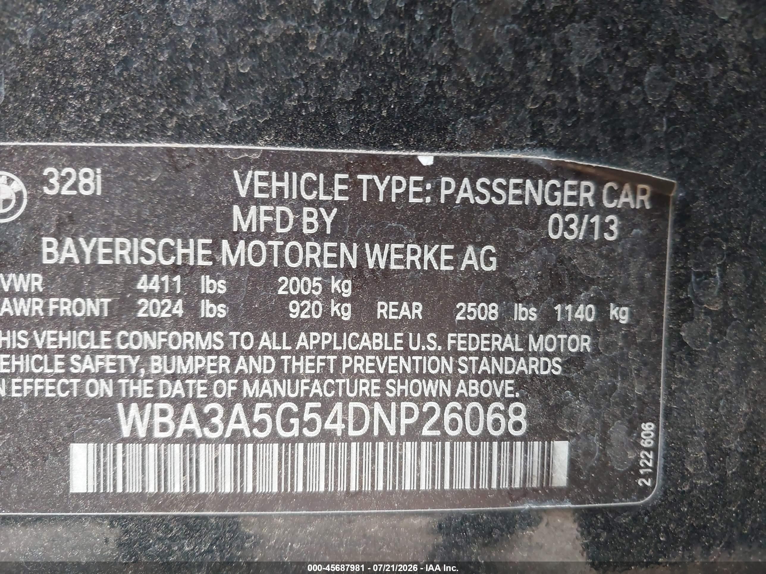 2013 Bmw 328i   Black vin: WBA3A5G54DNP26068