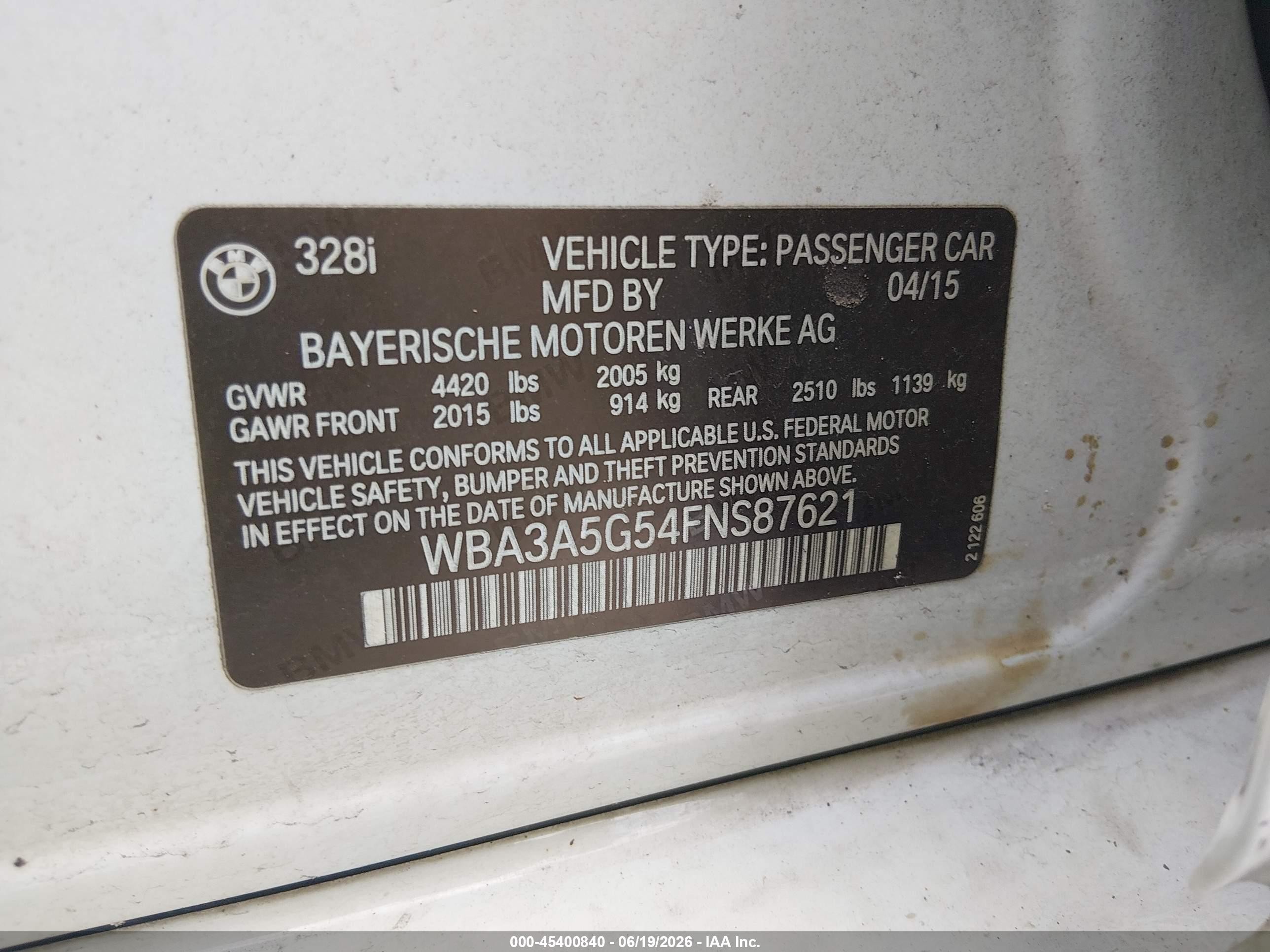 2015 Bmw 328i   White vin: WBA3A5G54FNS87621