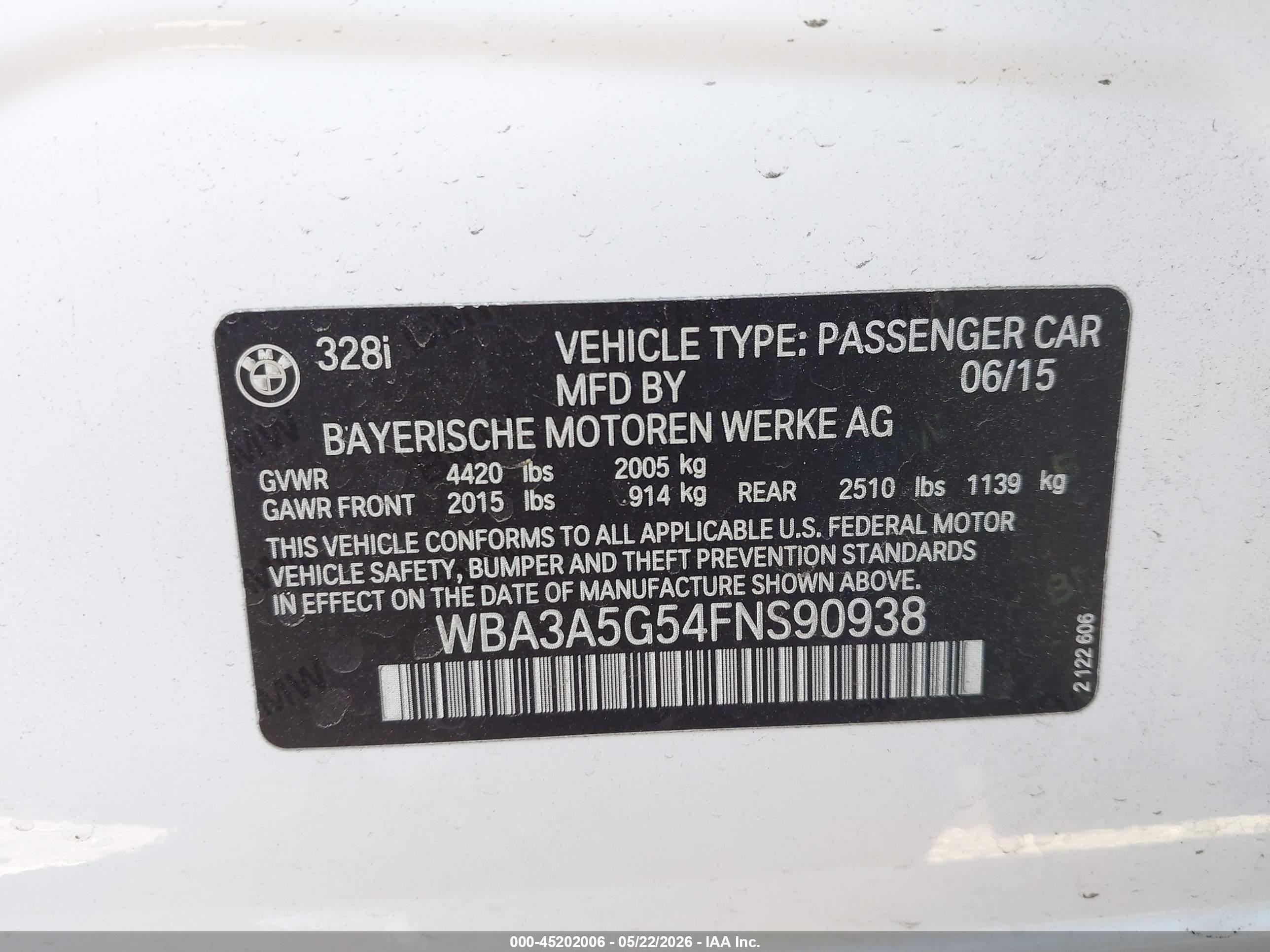 2015 Bmw 328i   White vin: WBA3A5G54FNS90938