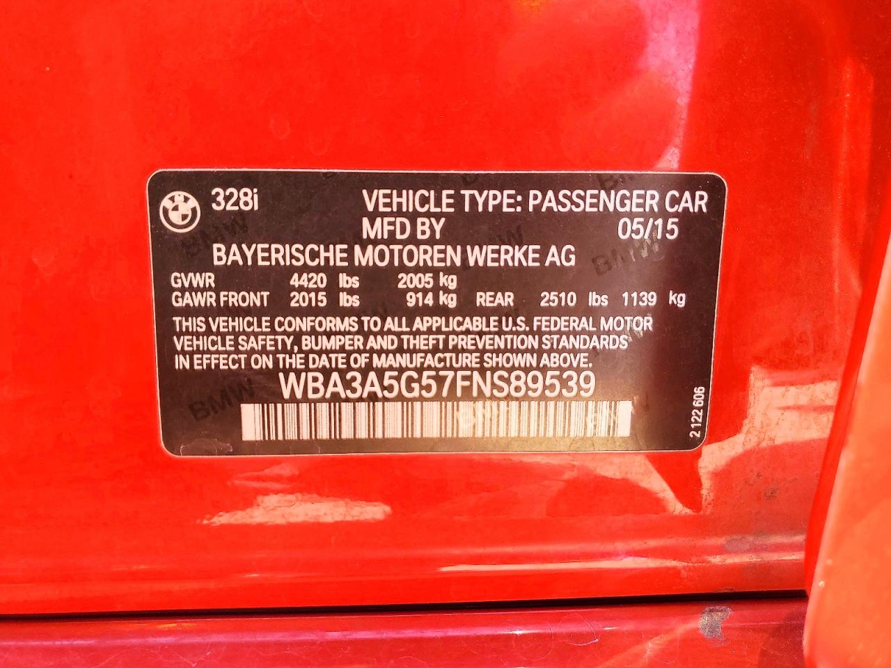 2015 Bmw 328 I Red vin: WBA3A5G57FNS89539