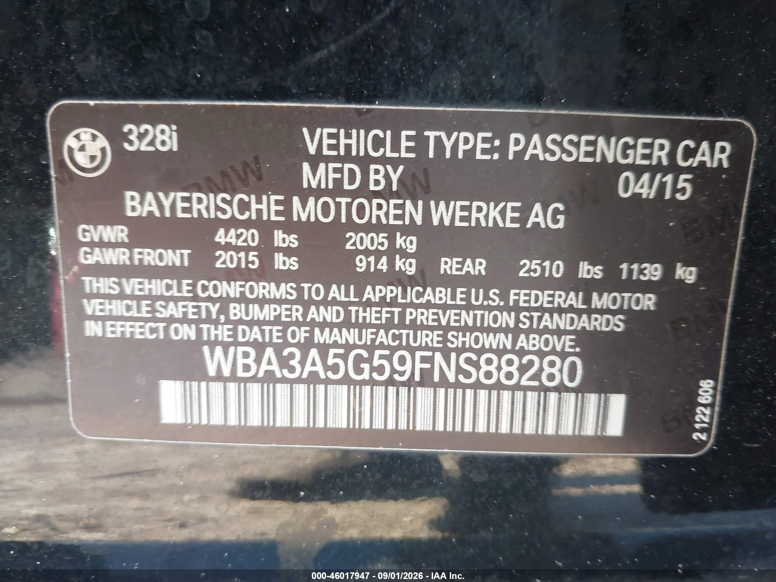 2015 Bmw 3 Series 328i Black vin: WBA3A5G59FNS88280