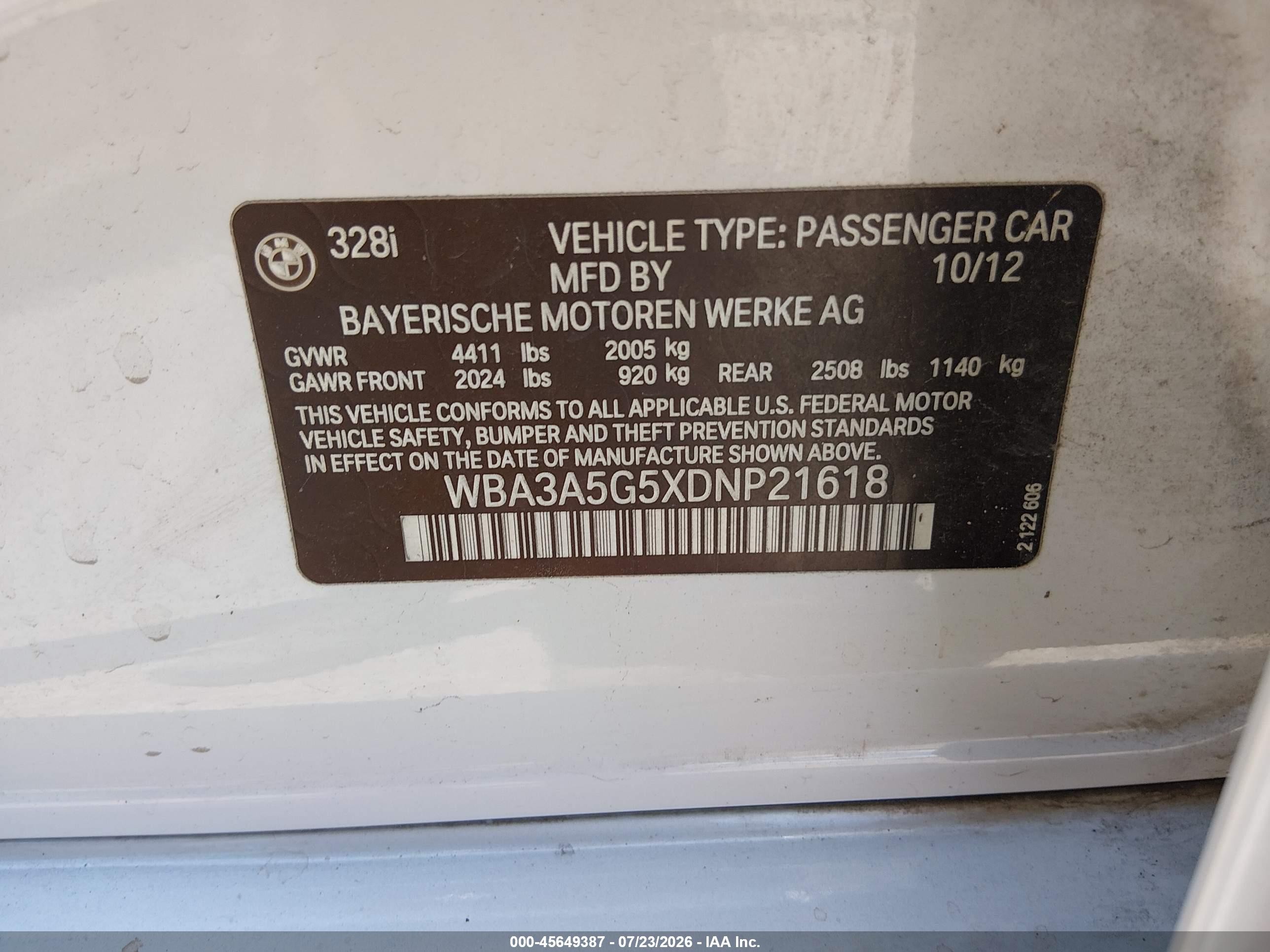 2013 Bmw 328i   White vin: WBA3A5G5XDNP21618