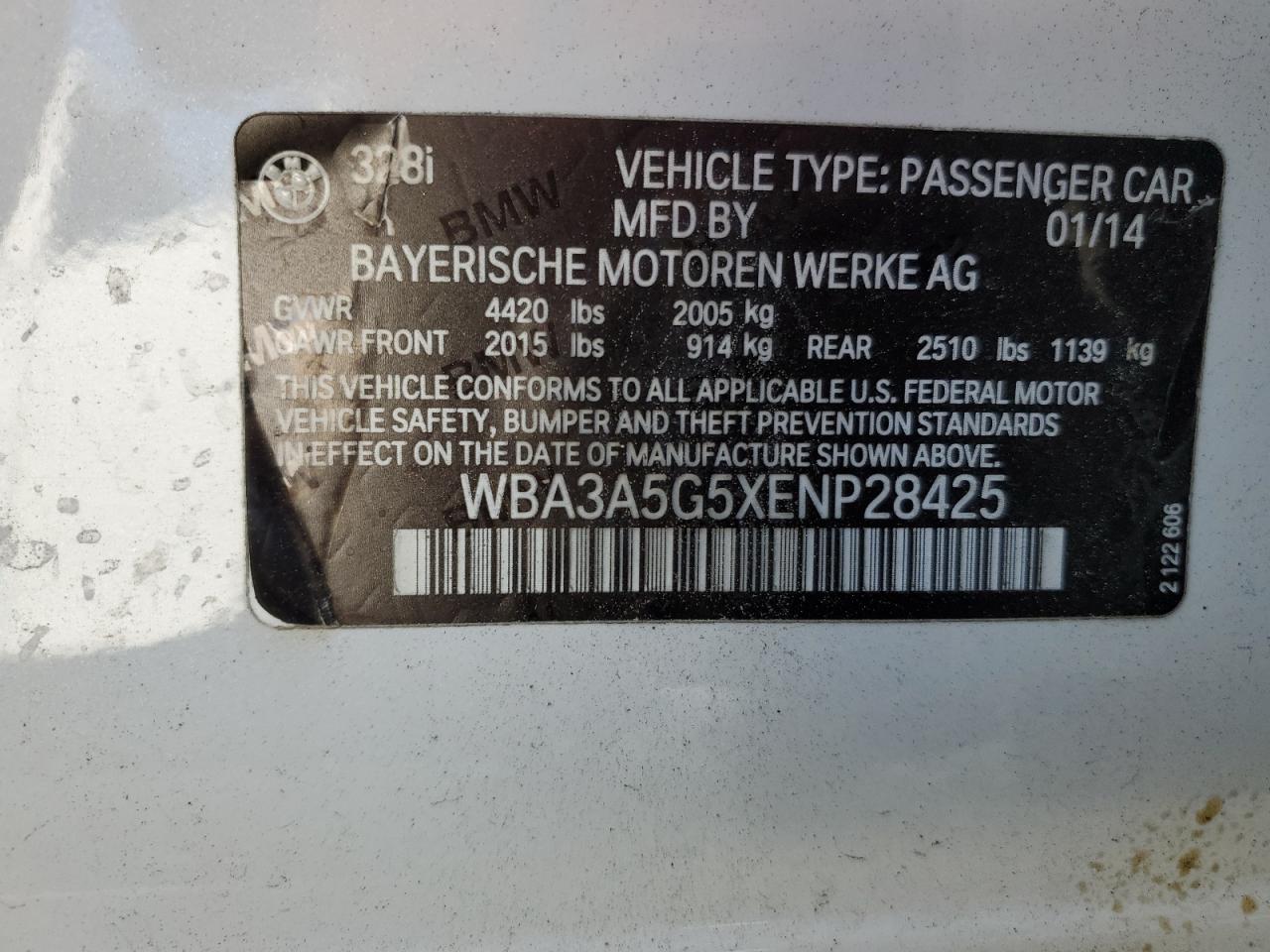 2014 Bmw 328 I White vin: WBA3A5G5XENP28425