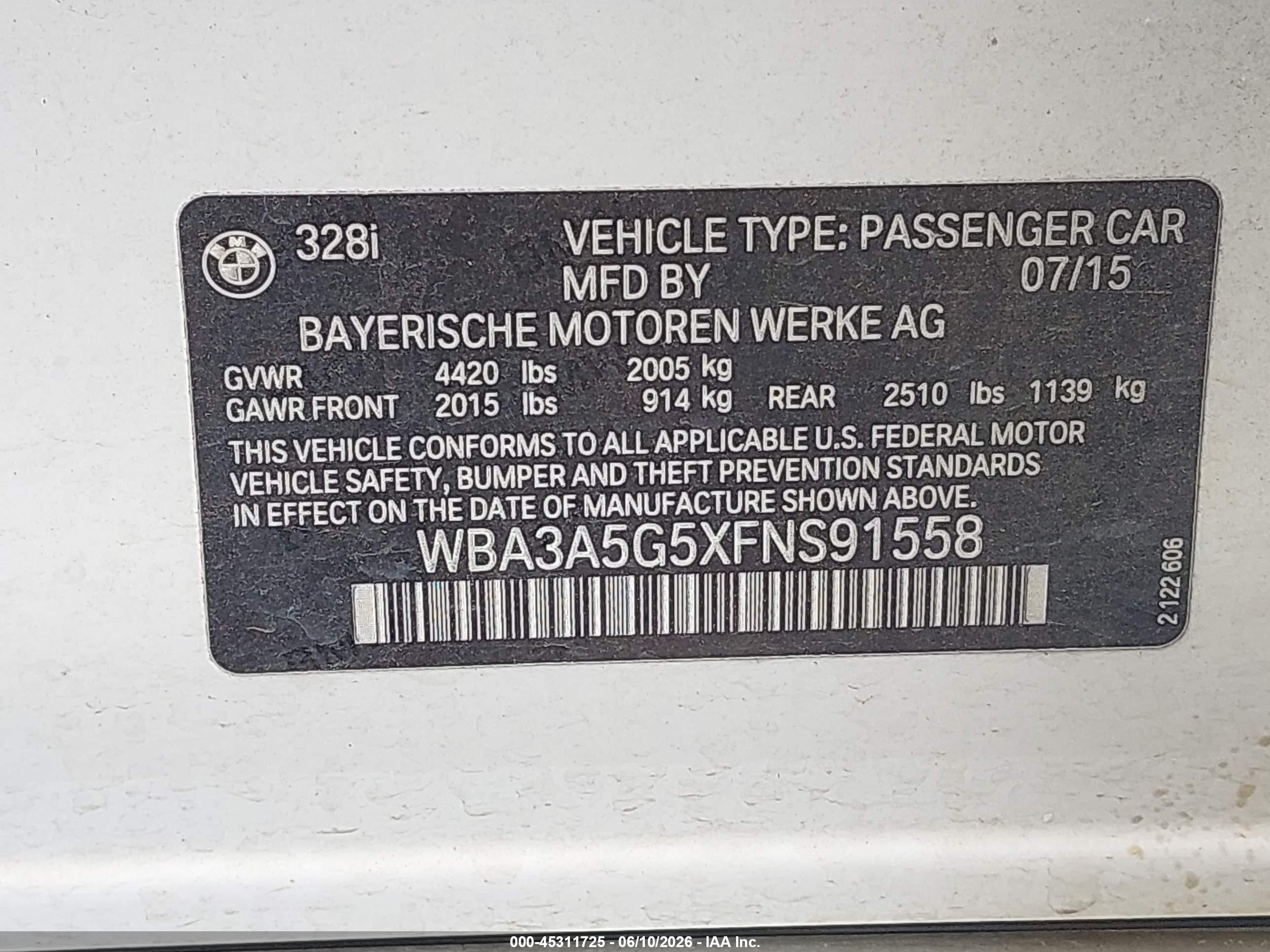 2015 Bmw 328i   White vin: WBA3A5G5XFNS91558