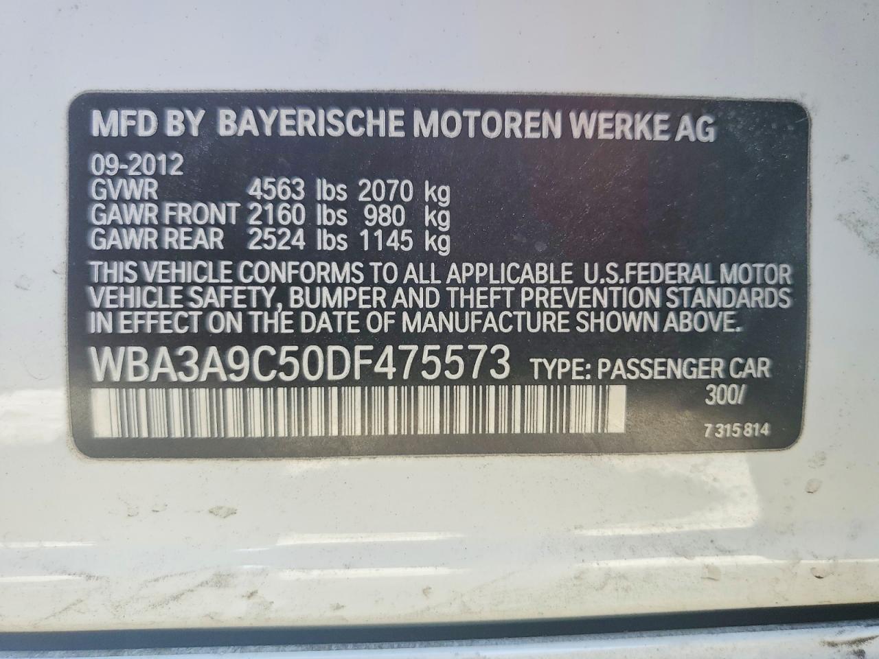 2013 Bmw 335 I White vin: WBA3A9C50DF475573