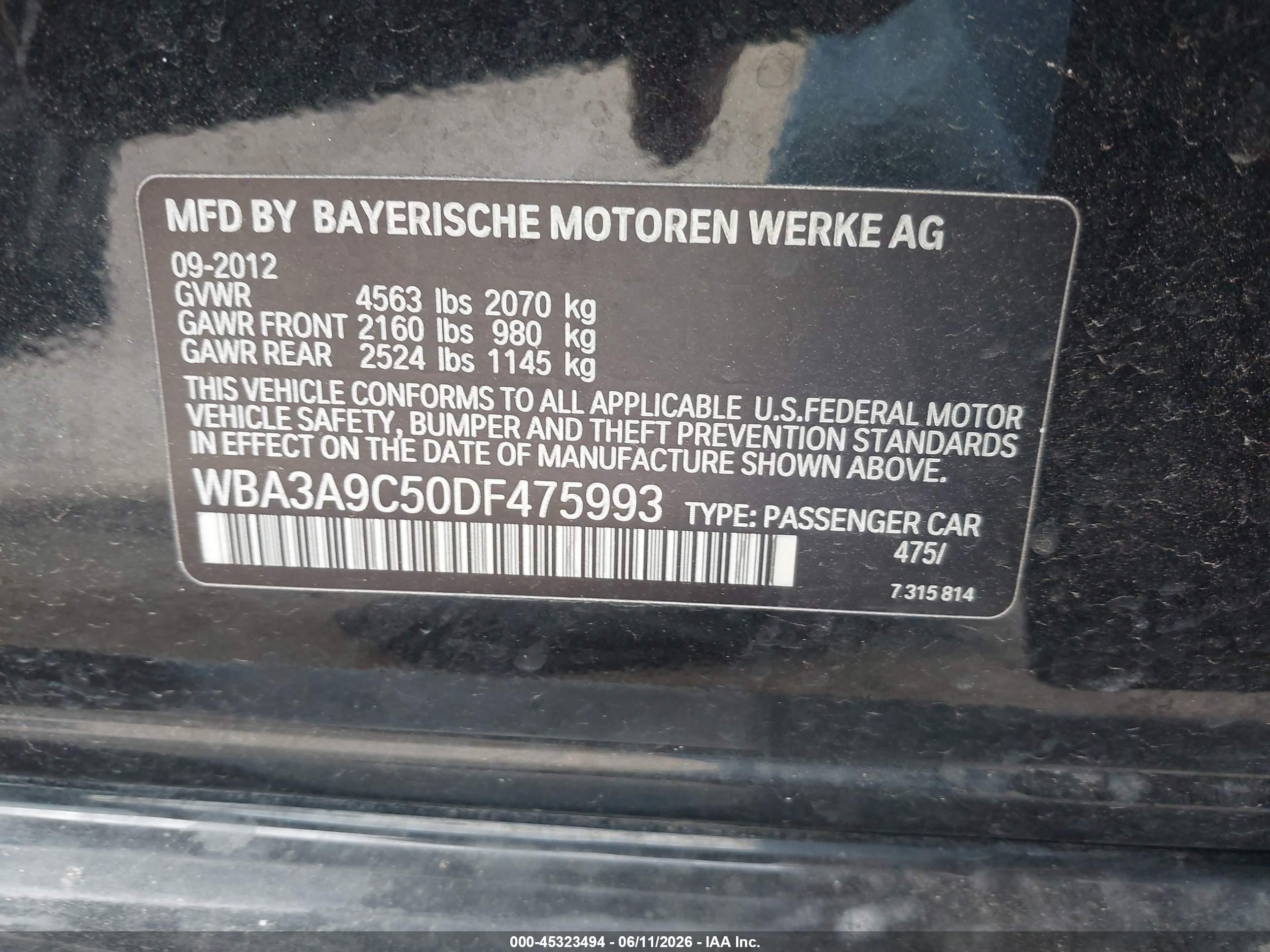2013 Bmw 335i   Black vin: WBA3A9C50DF475993
