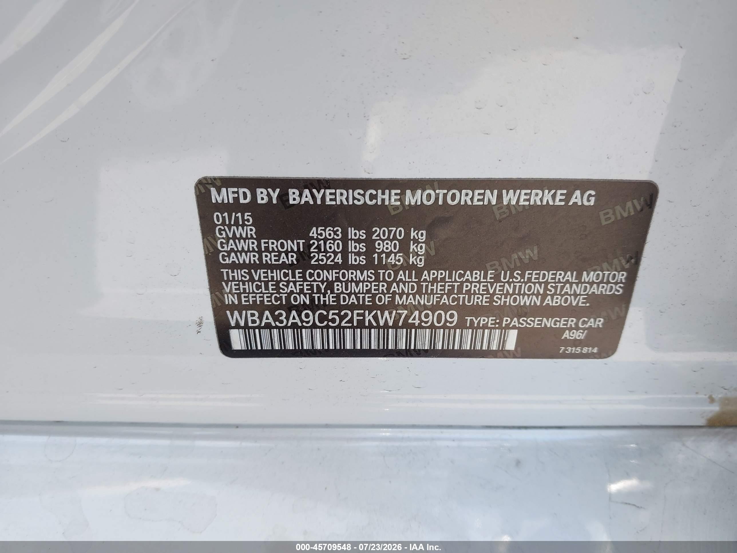 2015 Bmw 335i   Белый vin: WBA3A9C52FKW74909