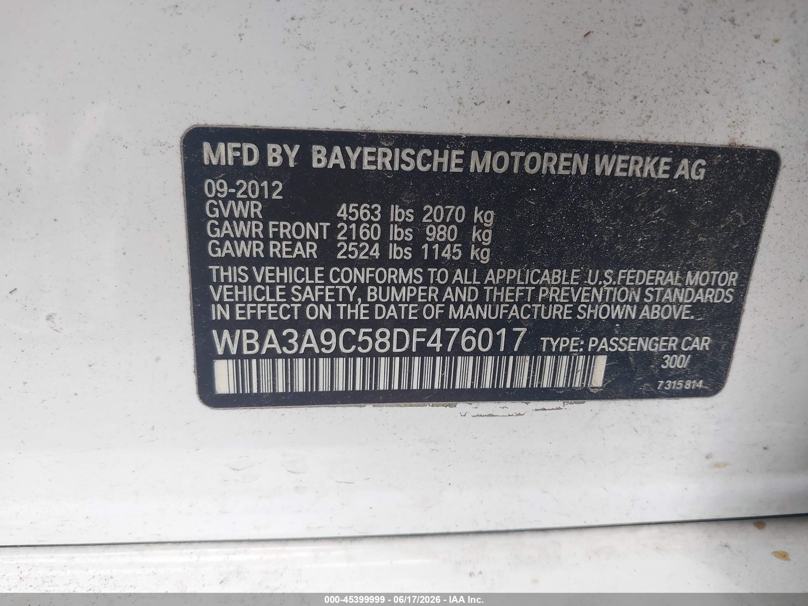 2013 Bmw 335i   White vin: WBA3A9C58DF476017